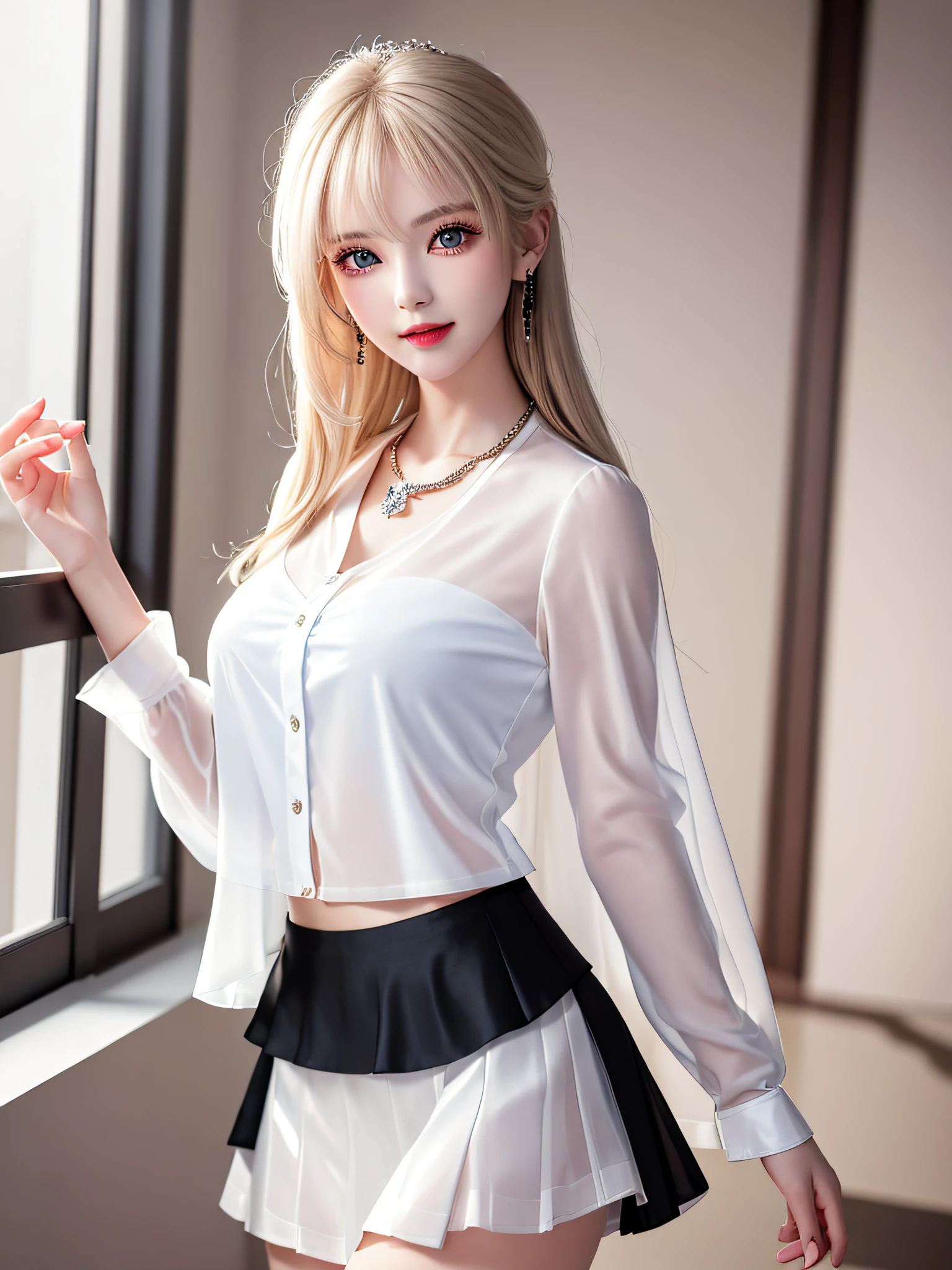 Female Teacher Standing in Classroom v6, Necklace, Earrings, Full Body V6, Long Gray Hair, Translucent Clothes, Visible, Superb, Ultra High Definition, RAW Photo, Realism 1.25), (Bright Lip Gloss, Long Eyelashes, Smooth) Face, Light Bright, Natural Shadows, Wide Light, Wide Light, Depth of Field, Strong Color, Subtle Caulstics: 0.8), Smile, (Big), v6, There are windows showing different buildings in the city (absurdity, high resolution, super detail), smile, (big), v6 ((Adriaan Honig))) girl with blonde hair and blue eyes, beautiful, thin ((white sheer blouse, black silk underwear, underwear bite, sexy pose, back figure, gaze is window side, ((white sheer blouse, black mini flared skirt))