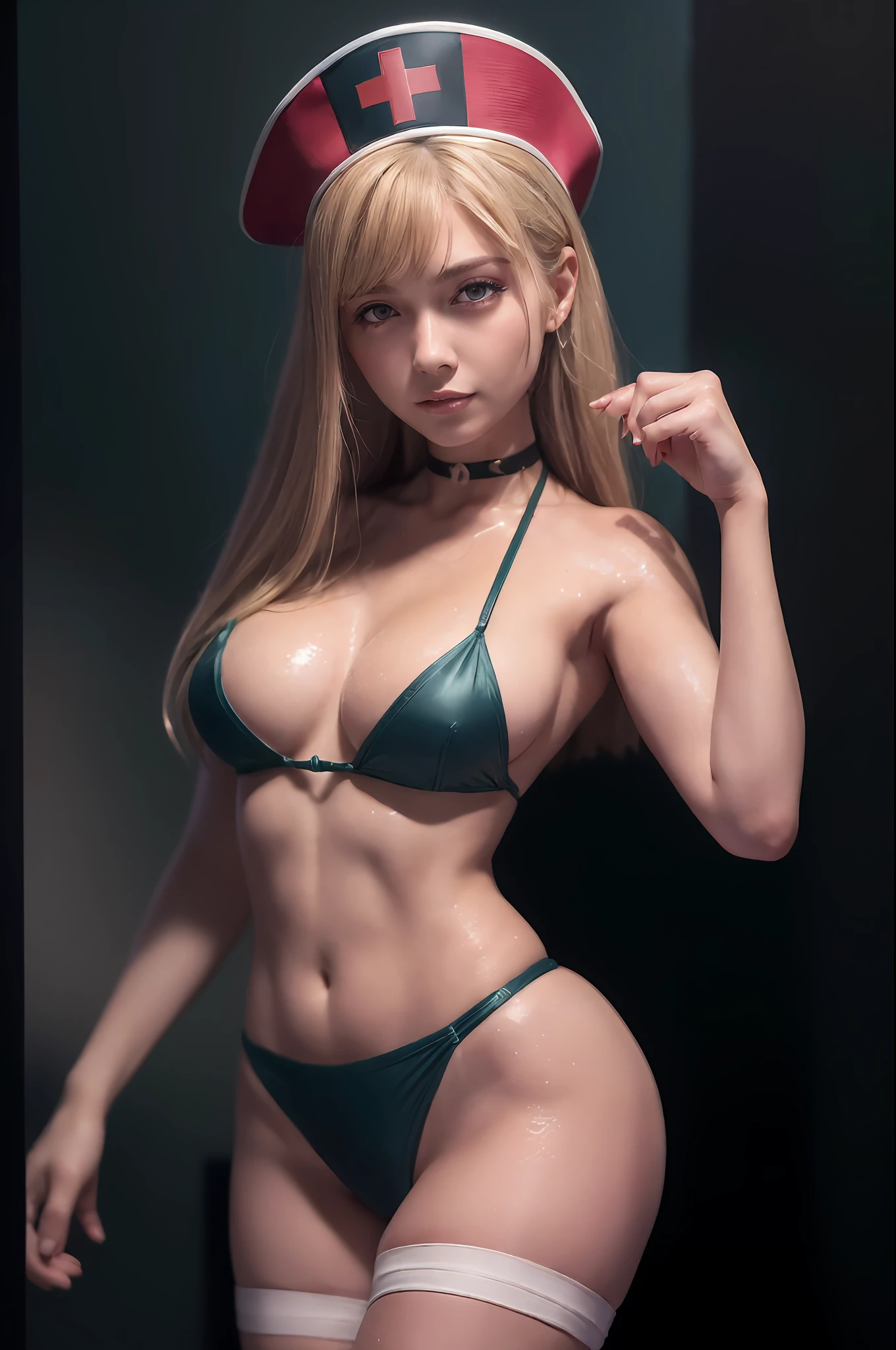 ((Top Quality, Masterpiece: 1.3)), (((Russian Beauty)), 1 female, , Big: 1.3, Slender Body Type: 1.1, Toned Abs, Blonde Semi-Long Hair, Ariel, (BEATCH, Wet Body, Cute Bikini: 1.1), Ultra Detailed Face, Detail Lips, Detail Eyes, Double Eyelids, Nurse Cosplay, Nurse, Nurse!!!、! dream nurse, highly detailed nurse, from the knees up, attractive sexy little bit, smile, strong smile, cute pose, standing