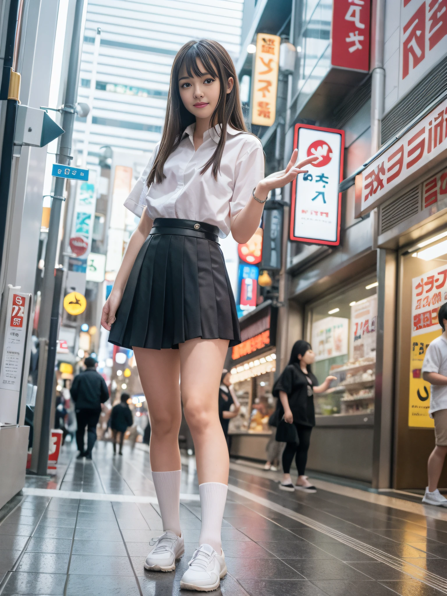 High quality, masterpiece, ultra high resolution, (photorealistic: 1.4), highly detailed CG Unity 8k wallpaper, original high-resolution, raw photos, (perfect body shape), finely complex, detailed and complex, DSLR, soft lighting, high quality, film grain, FUJIFILM XT3, 50mm lens, backlight, HDR, hyperrealistic, color grade, Dynamic pose, Japan person, smile, lips, bangs, (crowded Akihabara: 1.2), front view viewer, natural light, girl, 22 years old, full body, solo, high school, student, uniform, sailor color, bobby socks, pleated skirt, daytime, street, deep shadow, cute, beauty, understated, cold light 12000K \ Street, store status, Akihabara, Shinjuku, Shibuya