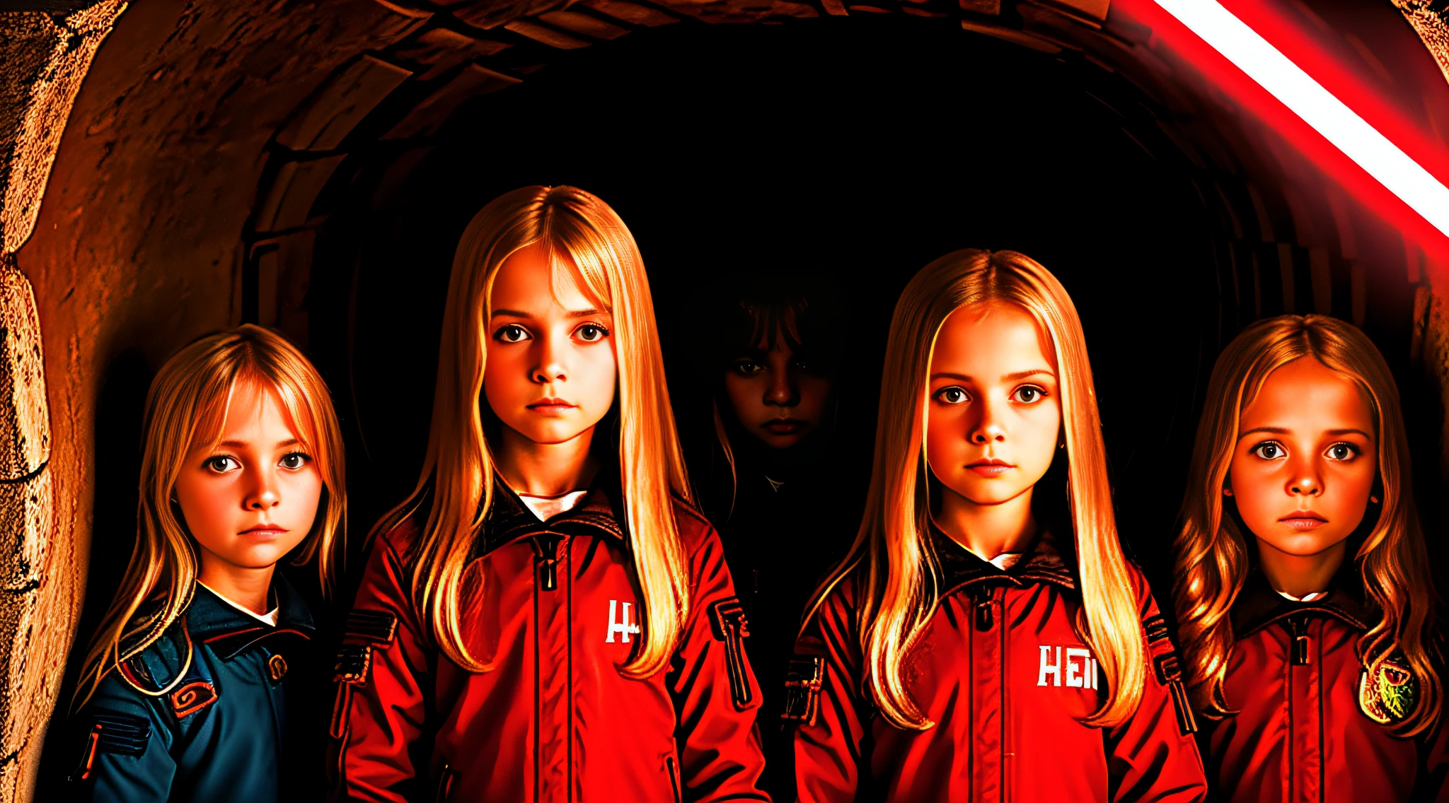 4 GIRLS Russian children with 20 years WITH LONG STRAIGHT BLONDE HAIR, PORTRAIT STYLE, , CLOSEUP standing in a tunnel with a red lightsaber, 4K lightsaber wallpaper, digital art