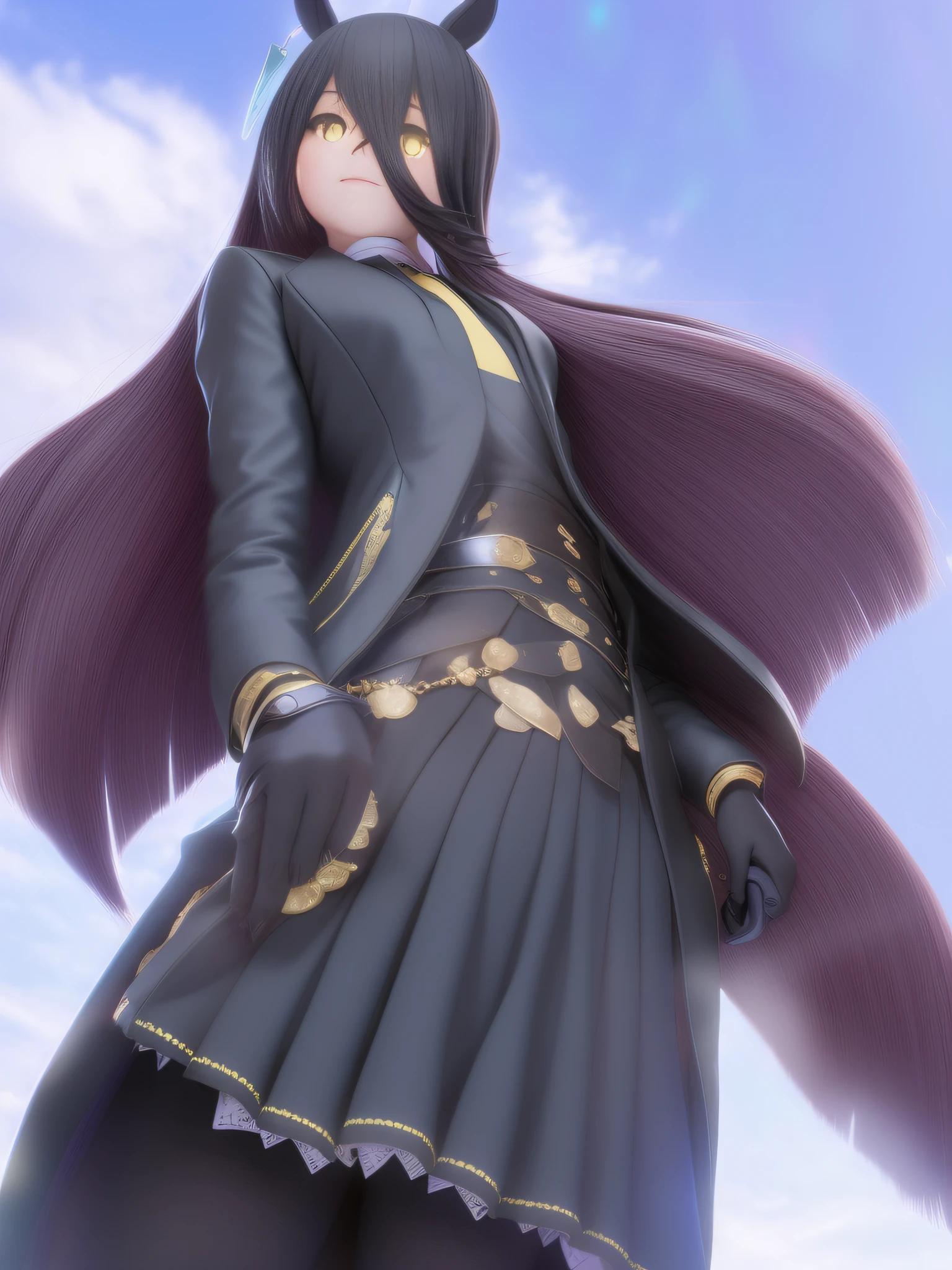 manhattan cafe \(umamusume\), yellow necktie, black gloves, looking at viewer, black skirt, black shirt, night, long sleeves, black coat, full moon, belt, looking down, black pantyhose, glowing, closed mouth, reaching towards viewer, from below, cloudy sky, black choker, collared shirt, black vest, pleated skirt, floating hair