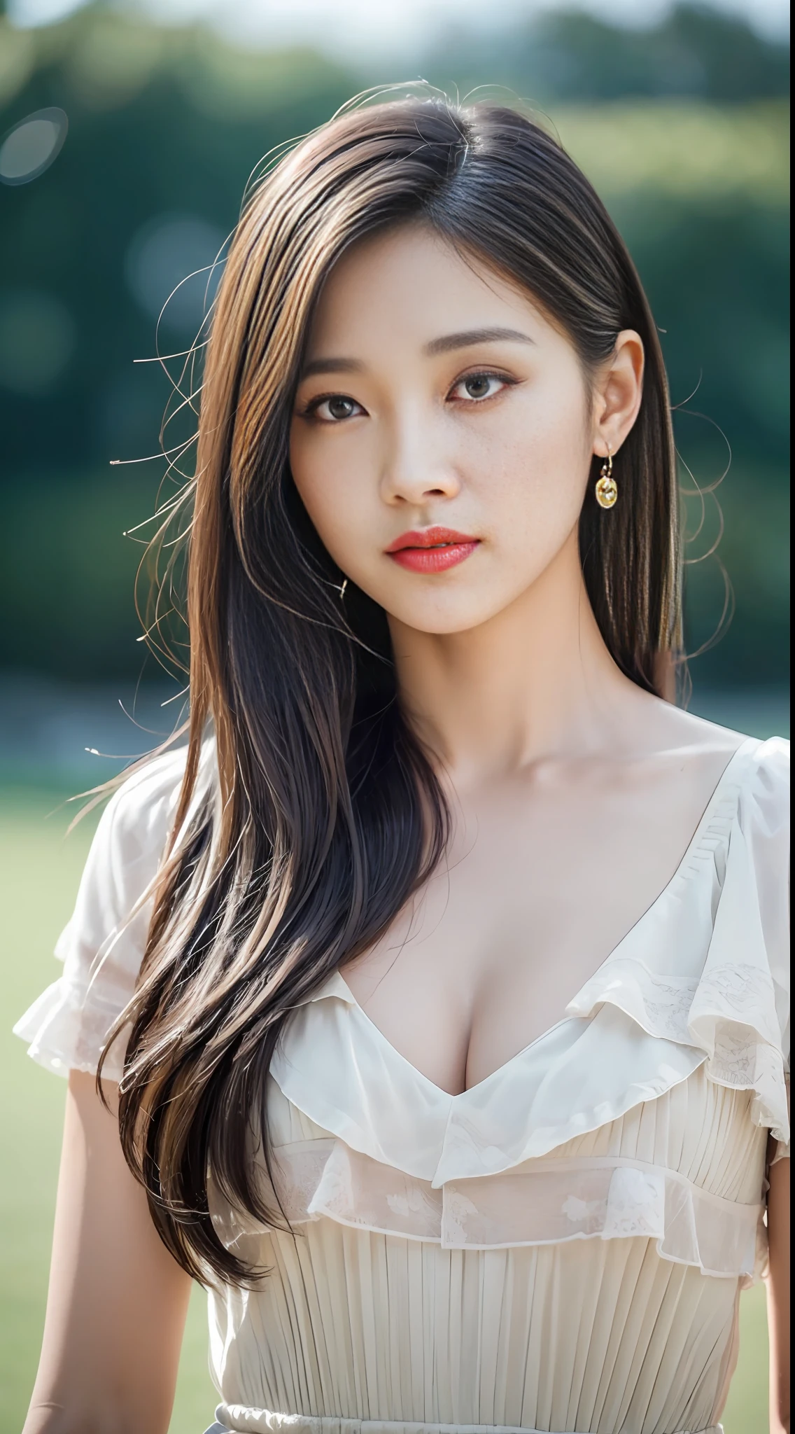 ((Top Quality, 8K, Masterpiece: 1.3)), Korean Woman, 20s, Focus: 1.2, Perfect Body Beauty: 1.4, Hip: 1.2, ((Layered Hairstyle, Flat Breast: 1.2)), (Rain, Distance: 1.3), Peninsula Dress: 1.1, Very delicate face and skin texture, Fair eyes, double eyelids, graying skin, long hair, (Shut up: 1.3), Full body