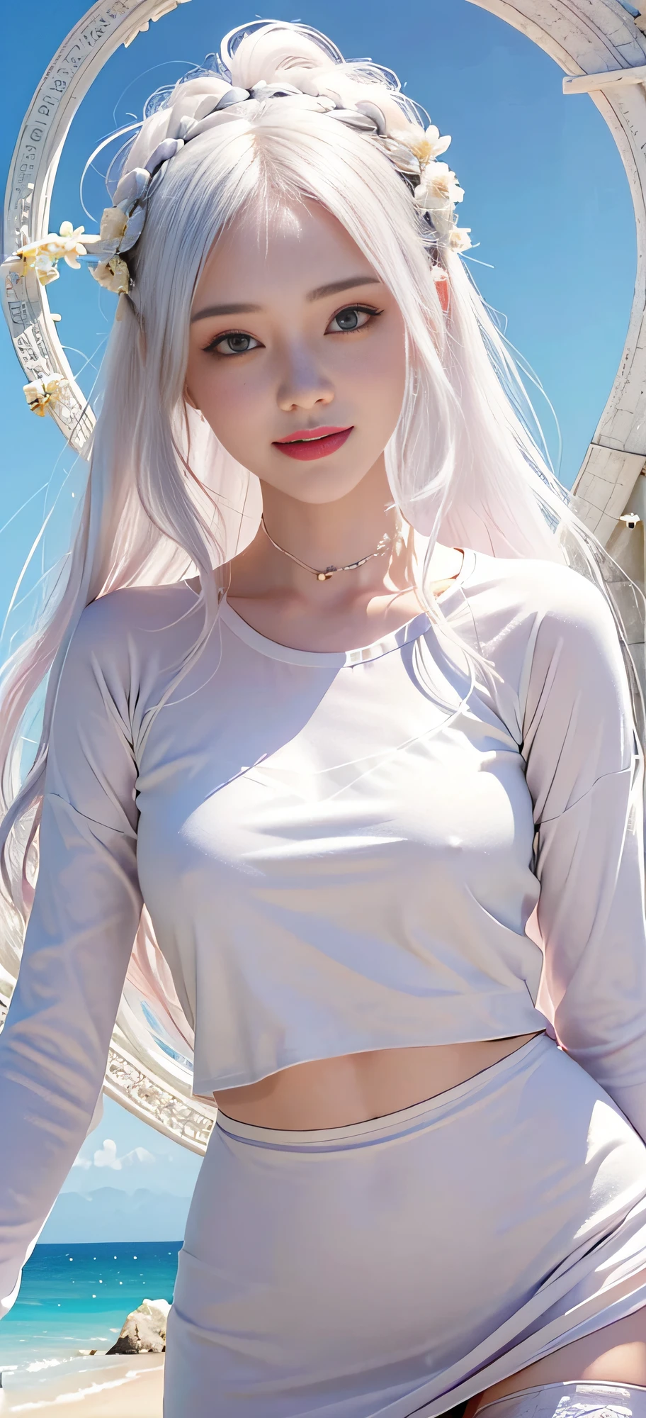 Realistic, high resolution, 1 girl, white hair gradient pale pink hair, cap, Korean, smile, heterochromic eyes, loose shirt, thighs, black short skirt, white tall stockings, ancient and reality combined, water, (flower) entanglement, (mandala, tangled, entangled,) dragon, streamer, light and shadow, fictional background