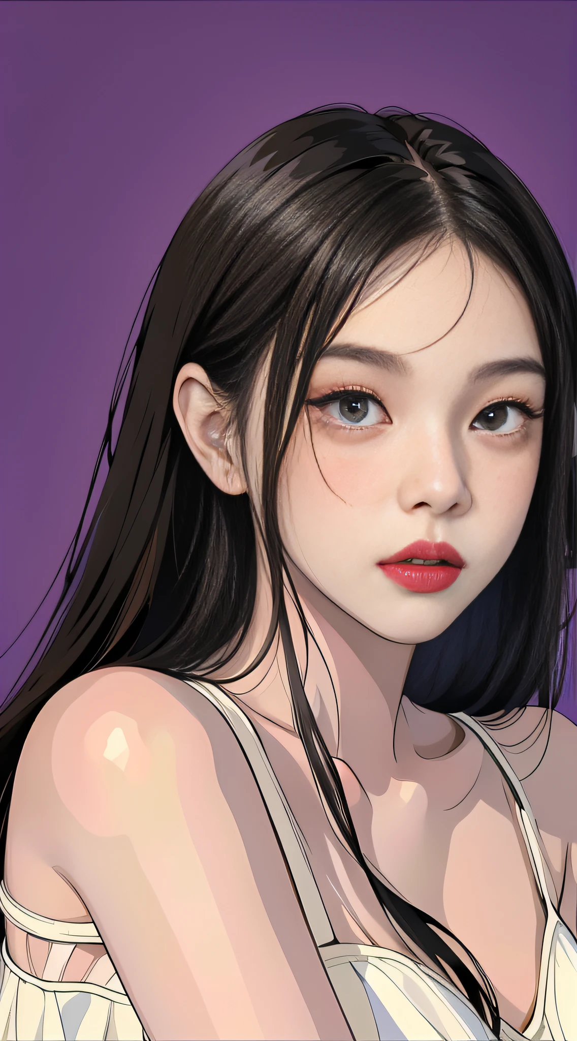Bestquality, Jeizuo, Jennie face shape,Super High Resolution, Supermodel, Shoulder-chest portrait photo,(realistness: 1 girl.8), RAW Photos, 1 girl one girl, Bare Shoulders, In the dark, deep shadows, low profile, cold light