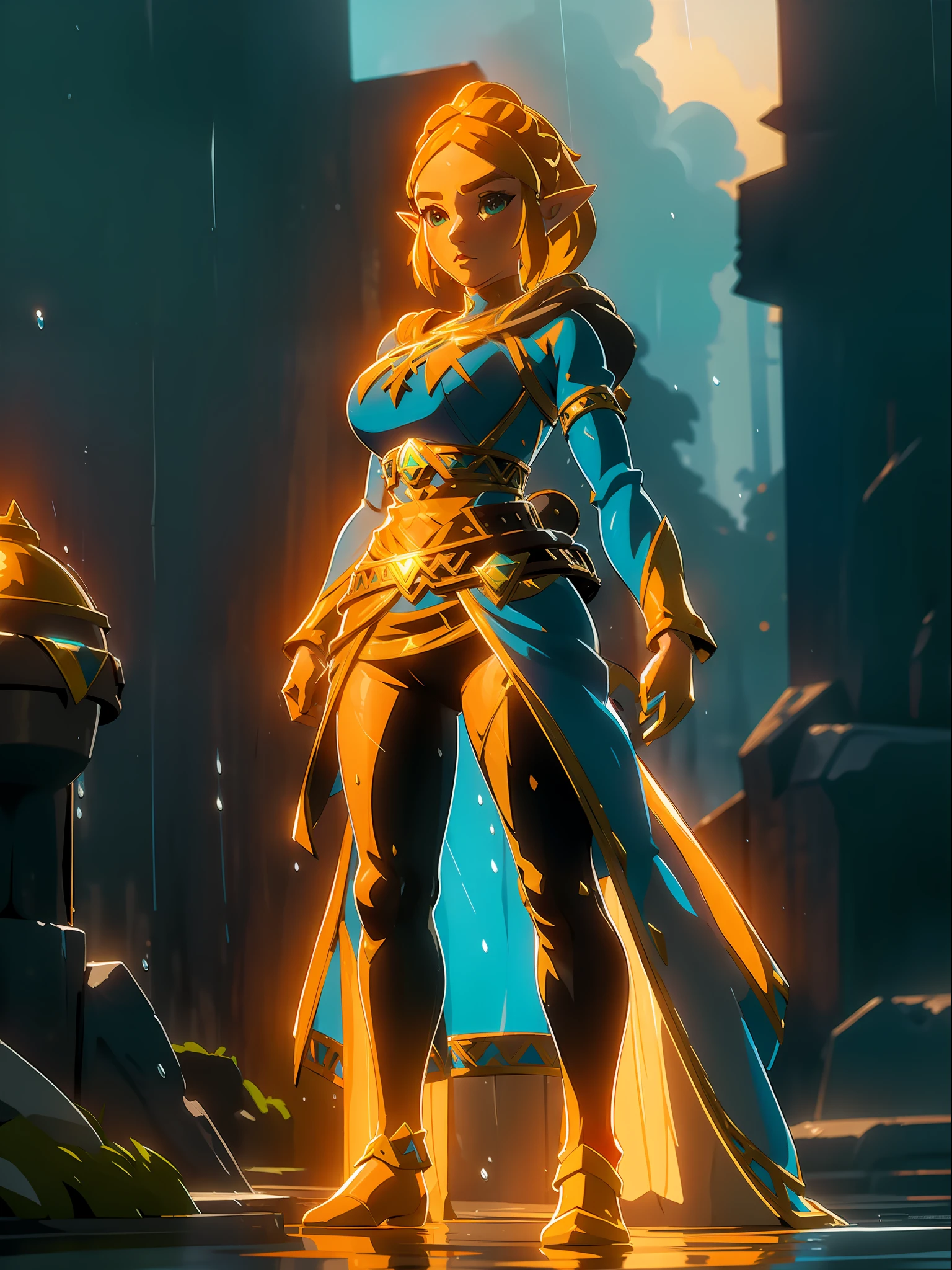 (full body:2) {zelda\(princess\)}, only {zelda\(princess\)} is this ((wearing black Kamen Rider costume with gold parts, with a round shiny jewel on her chest, with a belt, helmet on her head):1.5) ((extremely tight in the body, with a round jewel on the chest):1.5), only {zelda\(princess\)} ((has extremely large breasts):1.5), only {zelda\(princess\)} ((is looking at the viewer/look and face of hate, making heroic poses with her arms above her waist)), only {zelda\(princess\)} is standing, ((In an extremely destroyed futiristic city raining very strong, it's night, it's full of clouds)), only {zelda\(princess\)} ((she has her body/clothes all wet with water and her clothes are soaked):1.3), Kamen Rider, Tokusatsu, anime, anime style, cinematic lighting, 16k, highres, best quality, (high details:1.3), UHD, ((masterpiece))