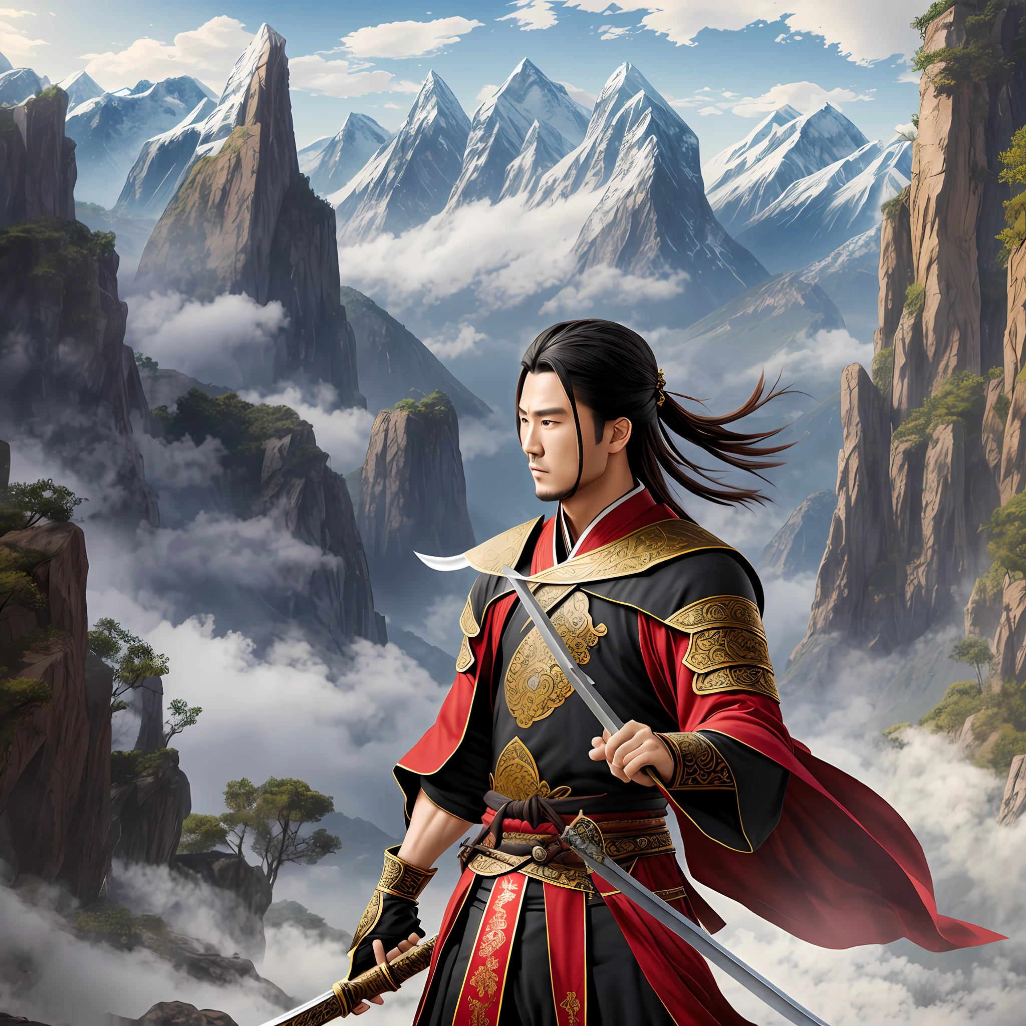 Wuxia style, male, one-handed sword, standing, 1.8, ancient costume, imperial sword flight, background mountains, 4k, realistic, sword qi special effects --auto --s2