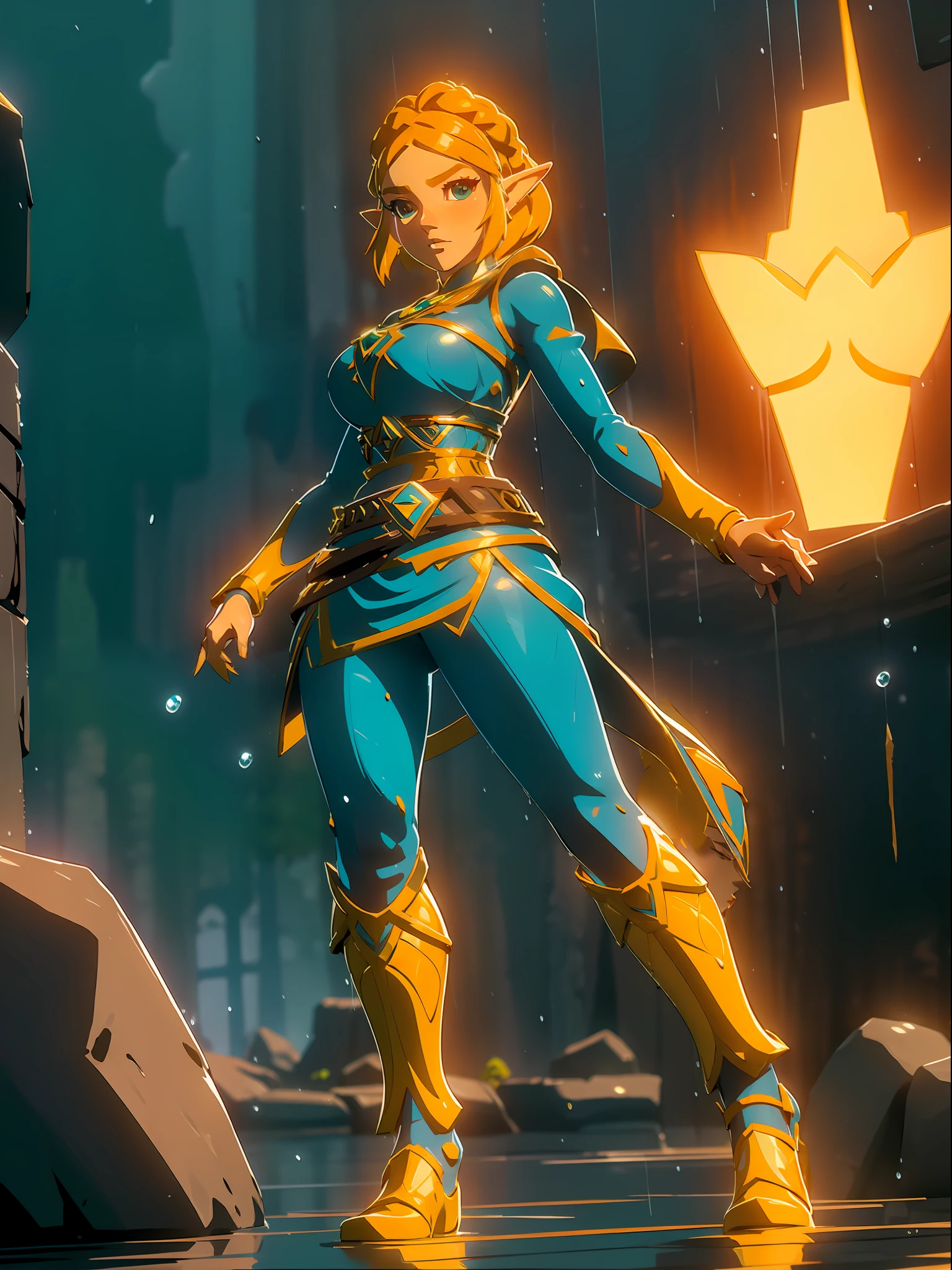 (full body:2) {zelda\(princess\)}, only {zelda\(princess\)} is this ((wearing black Kamen Rider costume with gold parts, with a round shiny jewel on her chest, with a belt, helmet on her head):1.5) ((extremely tight in the body, with a round jewel on the chest):1.5), only {zelda\(princess\)} ((has extremely large breasts):1.5), only {zelda\(princess\)} ((is looking at the viewer/look and face of hate, making heroic poses with her arms above her waist)), only {zelda\(princess\)} is standing, ((In an extremely destroyed futiristic city raining very strong, it's night, it's full of clouds)), only {zelda\(princess\)} ((she has her body/clothes all wet with water and her clothes are soaked):1.3), Kamen Rider, Tokusatsu, anime, anime style, cinematic lighting, 16k, highres, best quality, (high details:1.3), UHD, ((masterpiece))