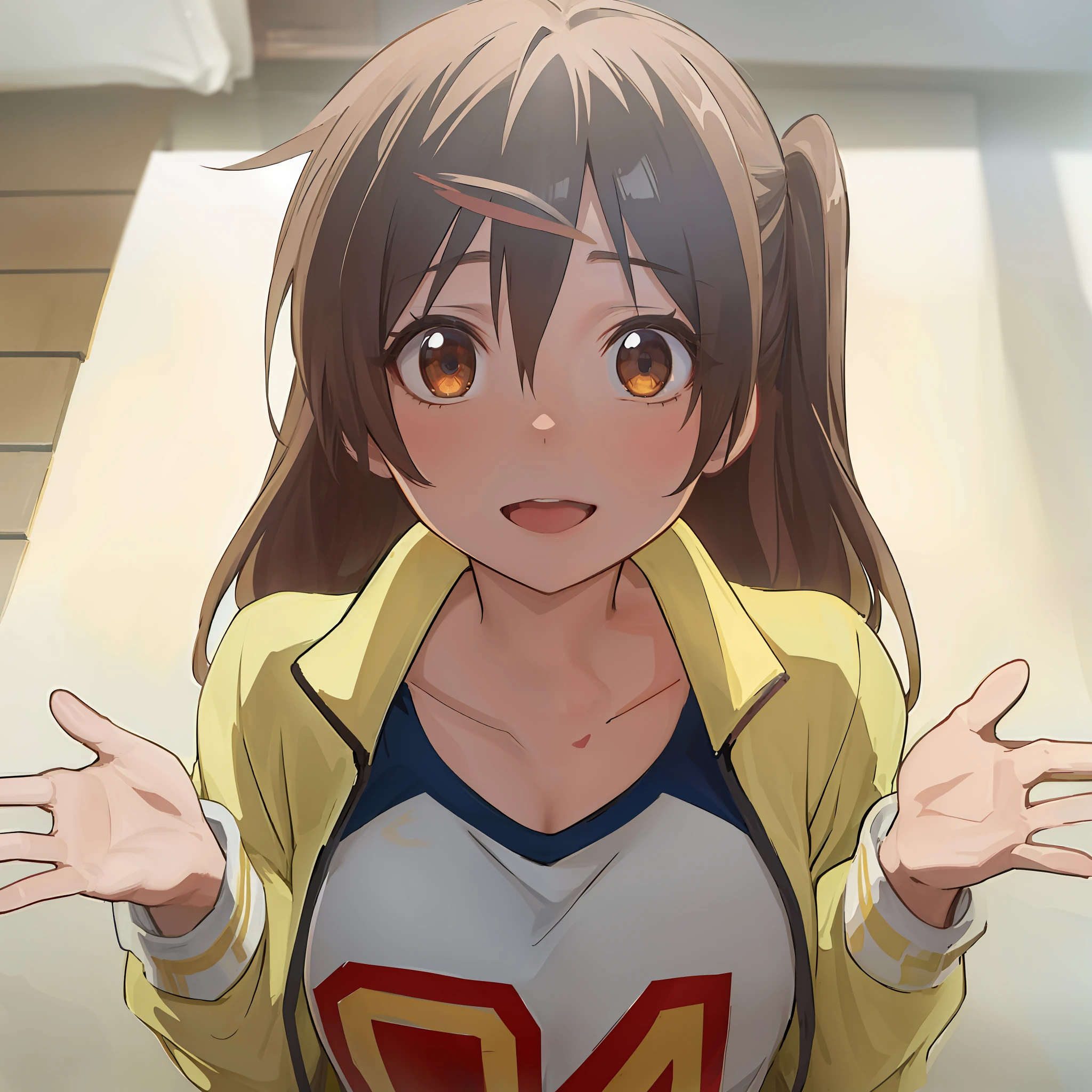 high resolution, masterpiece, Shinka Nibutani, brown hair, solo, 1girl, exterior, cut-out background, detailed eyes, ((brown eyes))