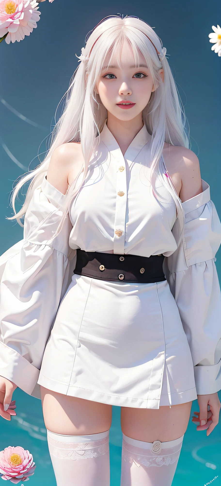 Realistic, high resolution, 1 girl, white hair gradient pale pink hair, cap, Korean, smile, heterochromic eyes, loose shirt, thighs, black short skirt, white tall stockings, ancient and reality combined, water, (flower) entanglement, (mandala, tangled, entangled,) dragon, streamer, light and shadow, fictional background