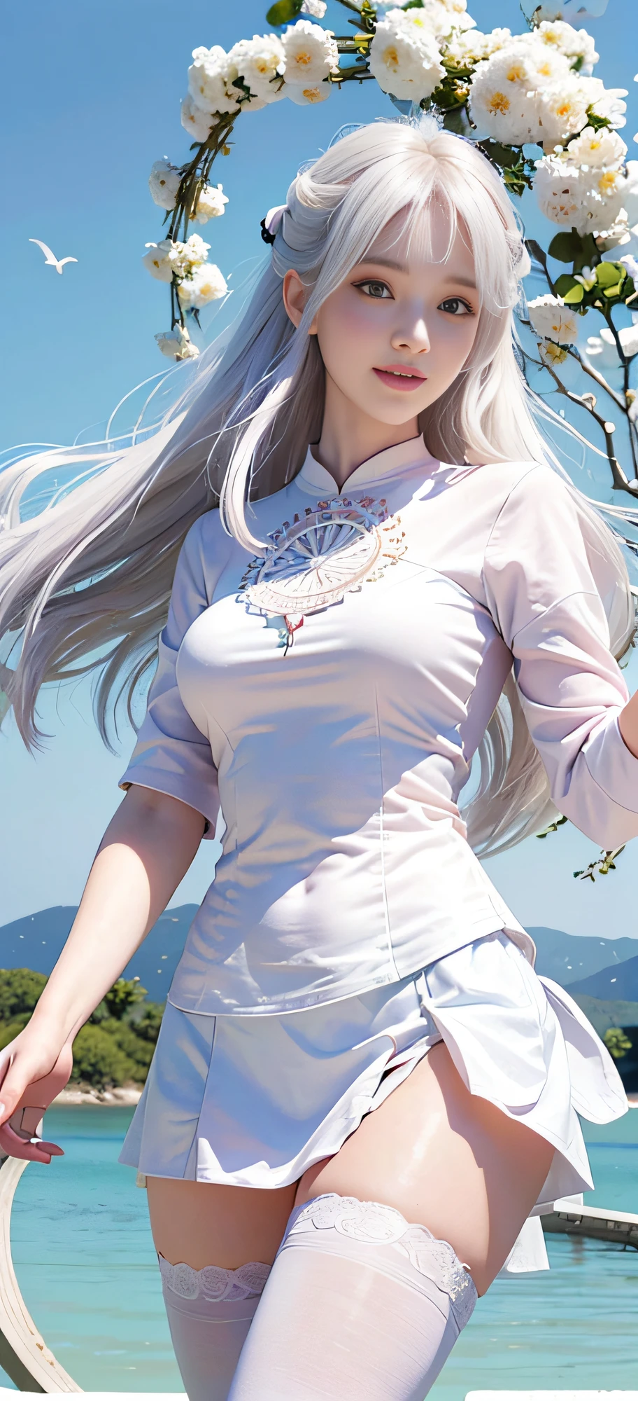 Realistic, high resolution, 1 girl, white hair gradient pale pink hair, cap, Korean, smile, heterochromic eyes, loose shirt, thighs, black short skirt, white tall stockings, ancient and reality combined, water, (flower) entanglement, (mandala, tangled, entangled,) dragon, streamer, light and shadow, fictional background