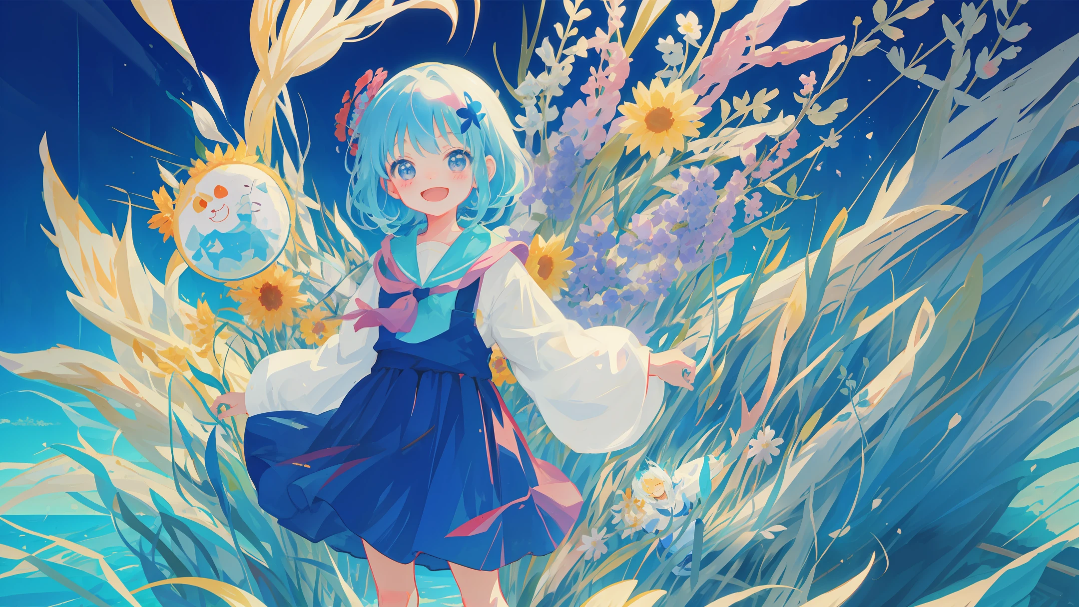 A cute little girl with flowers in her hand, standing happily in the sea of flowers laughing, anime, Miyazaki Hayao