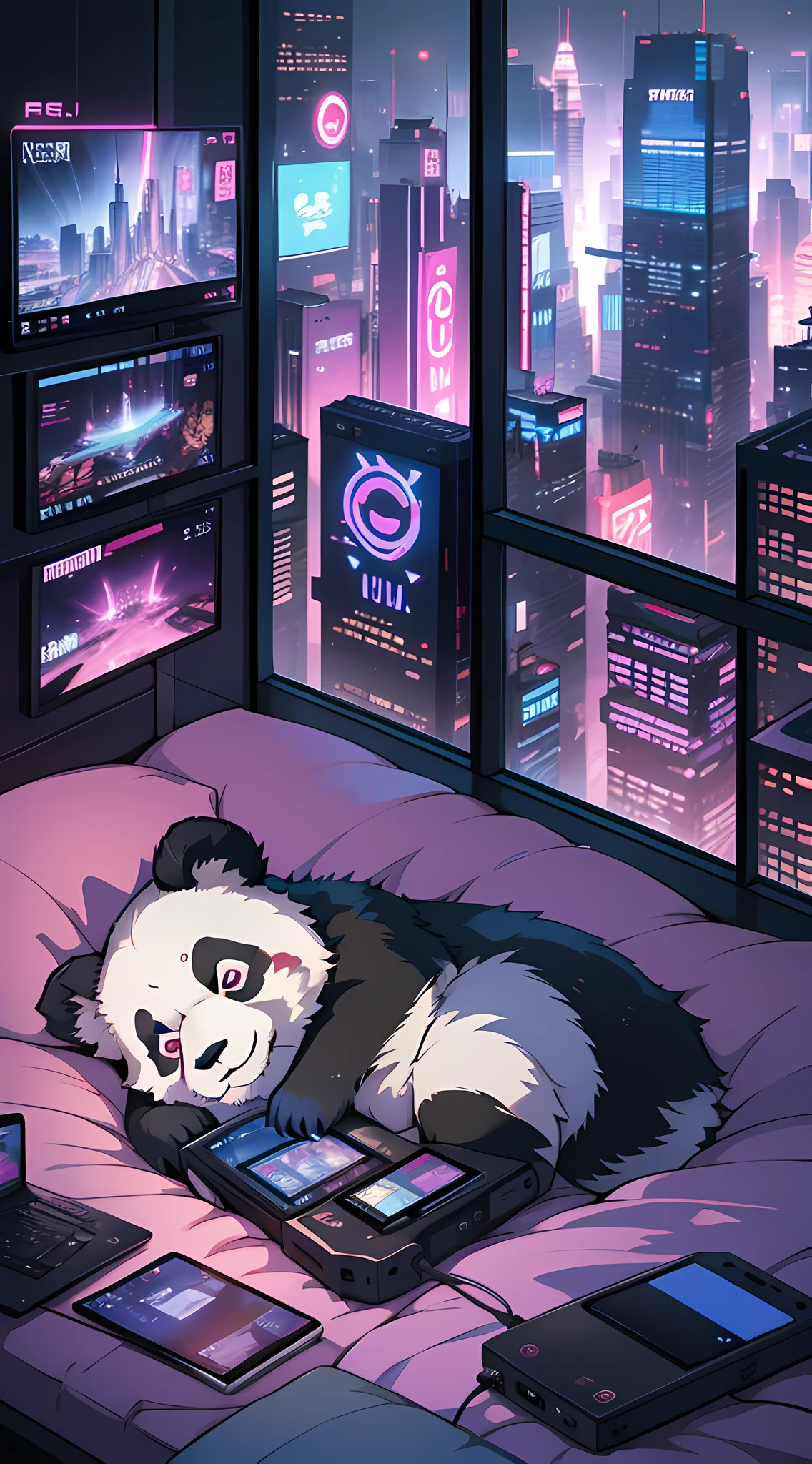 (A panda:), cub, lying on a bed with various electronic devices, its eyes projected with numbers and icons, a pair of headphones in its ears, a remote control in its hand, playing a virtual reality game, in a cyberpunk bedroom with various screens and graffiti on the walls and a city full of skyscrapers and neon lights outside the window. The graphics are full of a dreamy and fun atmosphere