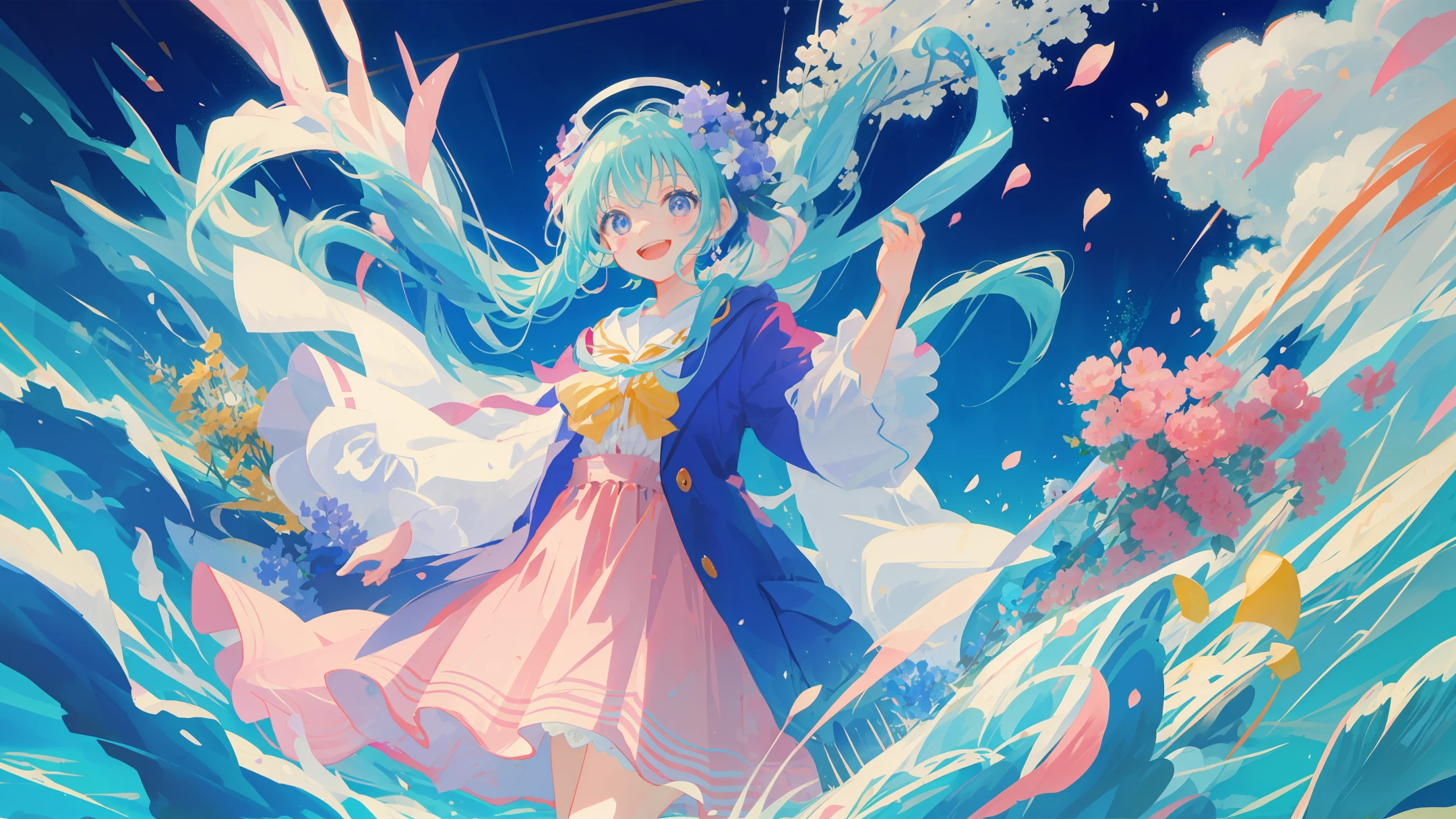 A cute little girl with flowers in her hand, standing happily in the sea of flowers laughing, anime, Miyazaki Hayao