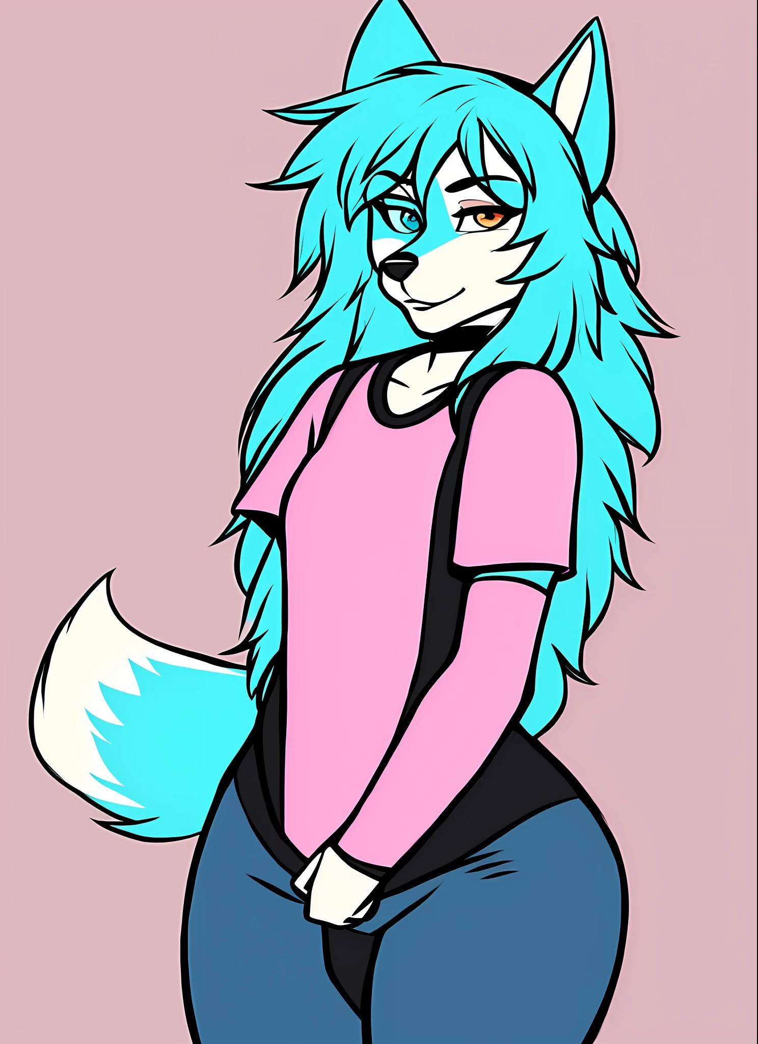 Hairy female, fox, anthropomorphic, Caauda, fox ear, white and cyan hair, pink shirt, black jumpsuit, Alone, brown and blue heterochromia,