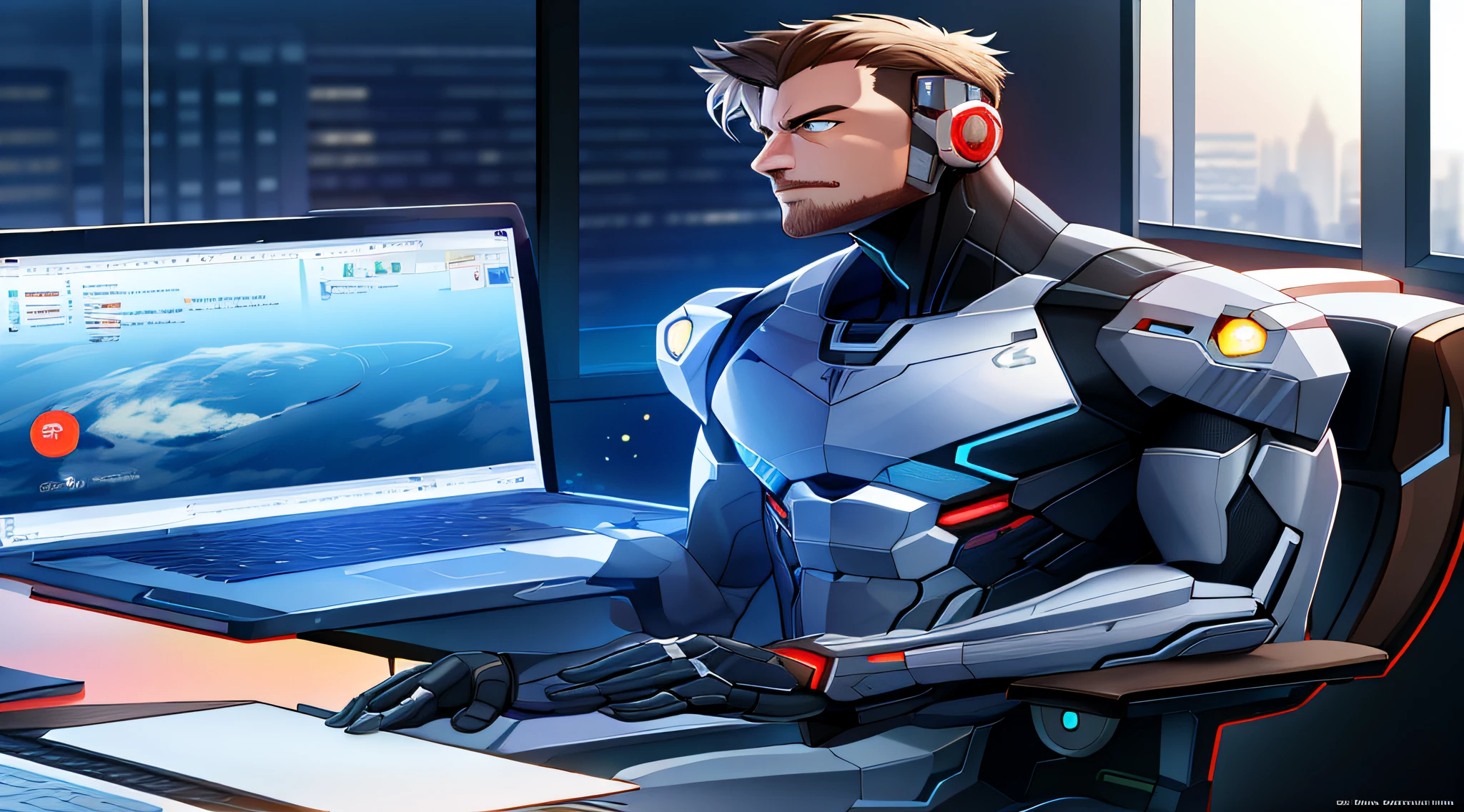 High-resolution poster, an ultra-realistic Cyborg sitting at an office desk using a laptop, on the notebook screen a world with the acronyms AI, CYBORG half man half machine