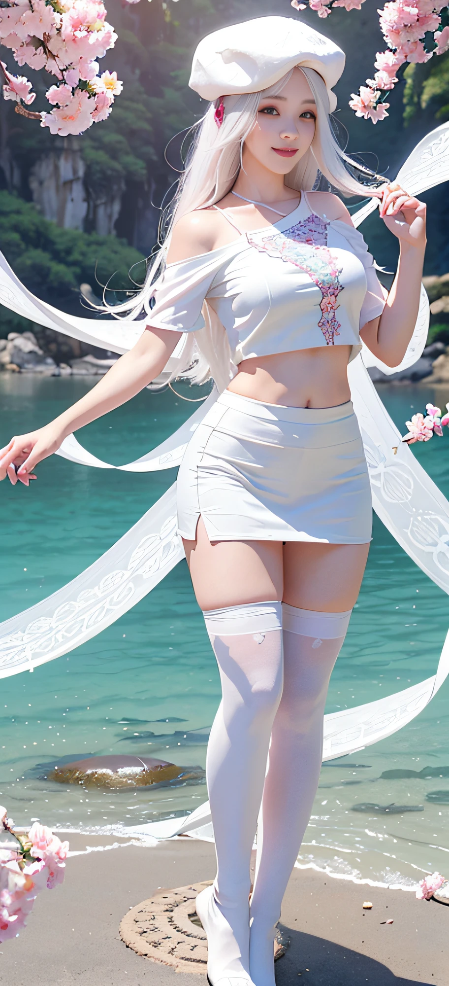 Realistic, high resolution, 1 girl, white hair gradient pale pink hair, cap, Korean, smile, heterochromic eyes, loose shirt, thighs, black short skirt, white tall stockings, ancient and reality combined, water, (flower) entanglement, (mandala, tangled, entangled,) dragon, streamer, light and shadow, fictional background