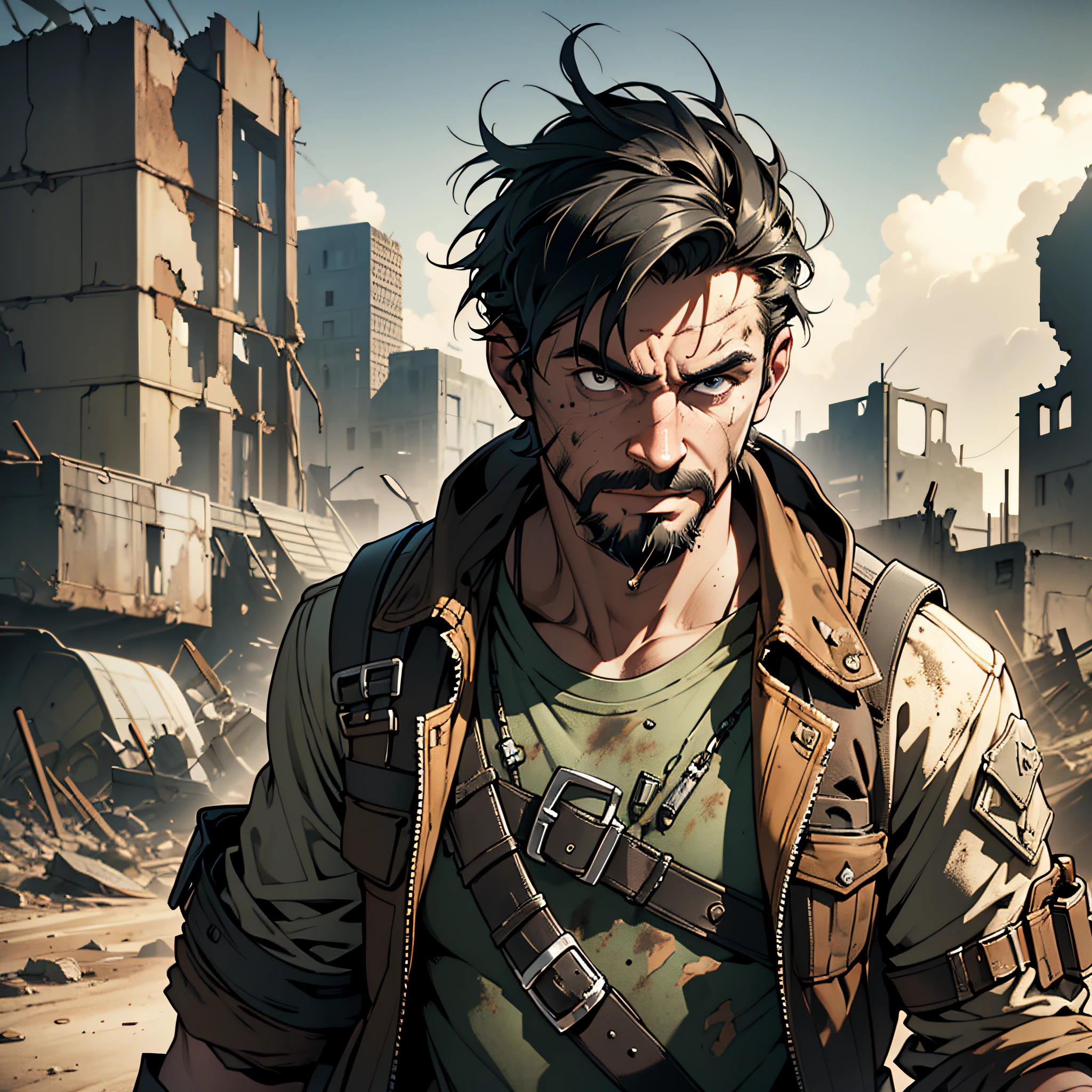 Best Quality, Masterpiece, Ultra High Resolution, Pharmacy Background, 1 Person, Solo, Male, Mature, Short Black Hair, Facial Hair, Doomsday, Solo, Lighting, Light, Dynamic Angle, Depth of Field, Wasteland Punk, Desert, Radiation, Ruins, Doomsday, Biochemical Infection, Dirty and Messy, Shabby, Scrap Iron