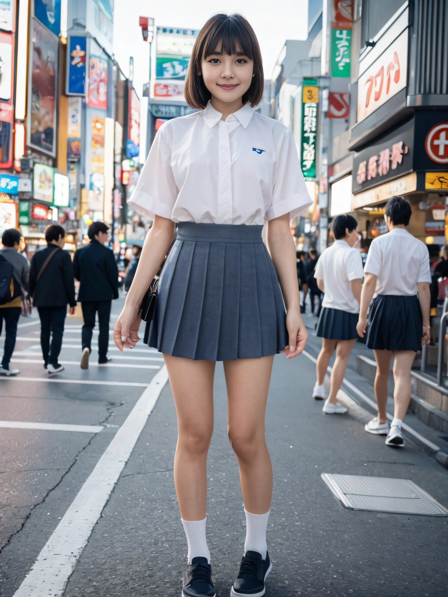 High quality, masterpiece, ultra high resolution, (photorealistic: 1.4), highly detailed CG Unity 8k wallpaper, original high-resolution, raw photos, (perfect body shape), finely complex, detailed and complex, DSLR, soft lighting, high quality, film grain, FUJIFILM XT3, 50mm lens, backlight, HDR, hyperrealistic, color grade, Dynamic pose, Japan person, smile, lips, bangs, (crowded Akihabara: 1.2), front view viewer, natural light, girl, 19 years old, full body, solo, high school, student, uniform, sailor color, bobby socks, pleated skirt, daytime, street, deep shadow, cute, beauty, discreet, cold light 12000K \ Street, store status, Akihabara, Shinjuku, Shibuya