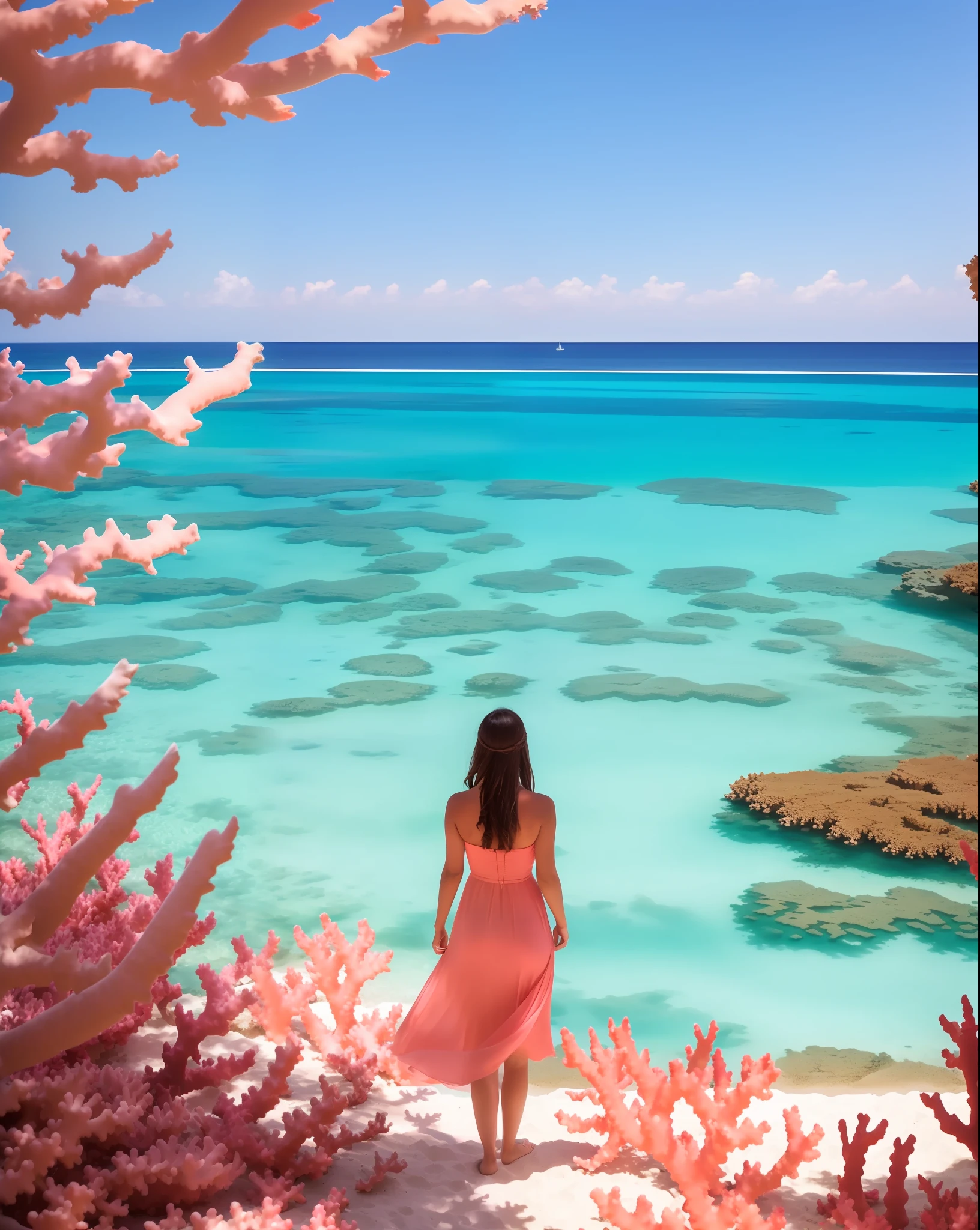 (best illumination, best shadow, an extremely delicate and beautiful), a serene and peaceful (coast:1.2), clear blue skies,crystal clear water,white sand beach and beautiful (coral reefs:1.4) ,seagulls flying in the distance,beautiful sunset, reflecting off the calm ocean waves., A woman looking out across the ocean longing for her lost love