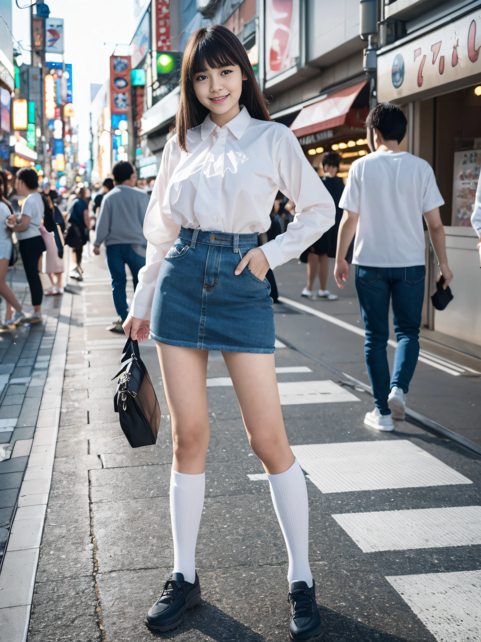 High quality, masterpiece, ultra high resolution, (photorealistic: 1.4), highly detailed CG Unity 8k wallpaper, original high-resolution, raw photos, (perfect body shape), finely complex, detailed and complex, DSLR, soft lighting, high quality, film grain, FUJIFILM XT3, 50mm lens, backlight, HDR, hyperrealistic, color grade, Dynamic pose, Japan person, smile, lips, bangs, (crowded Akihabara: 1.2), front view viewer, natural light, girl, 19 years old, full body, solo, high school, student, uniform, sailor color, bobby socks, pleated skirt, daytime, street, deep shadow, cute, beauty, discreet, cold light 12000K \ Street, store status, Akihabara, Shinjuku, Shibuya