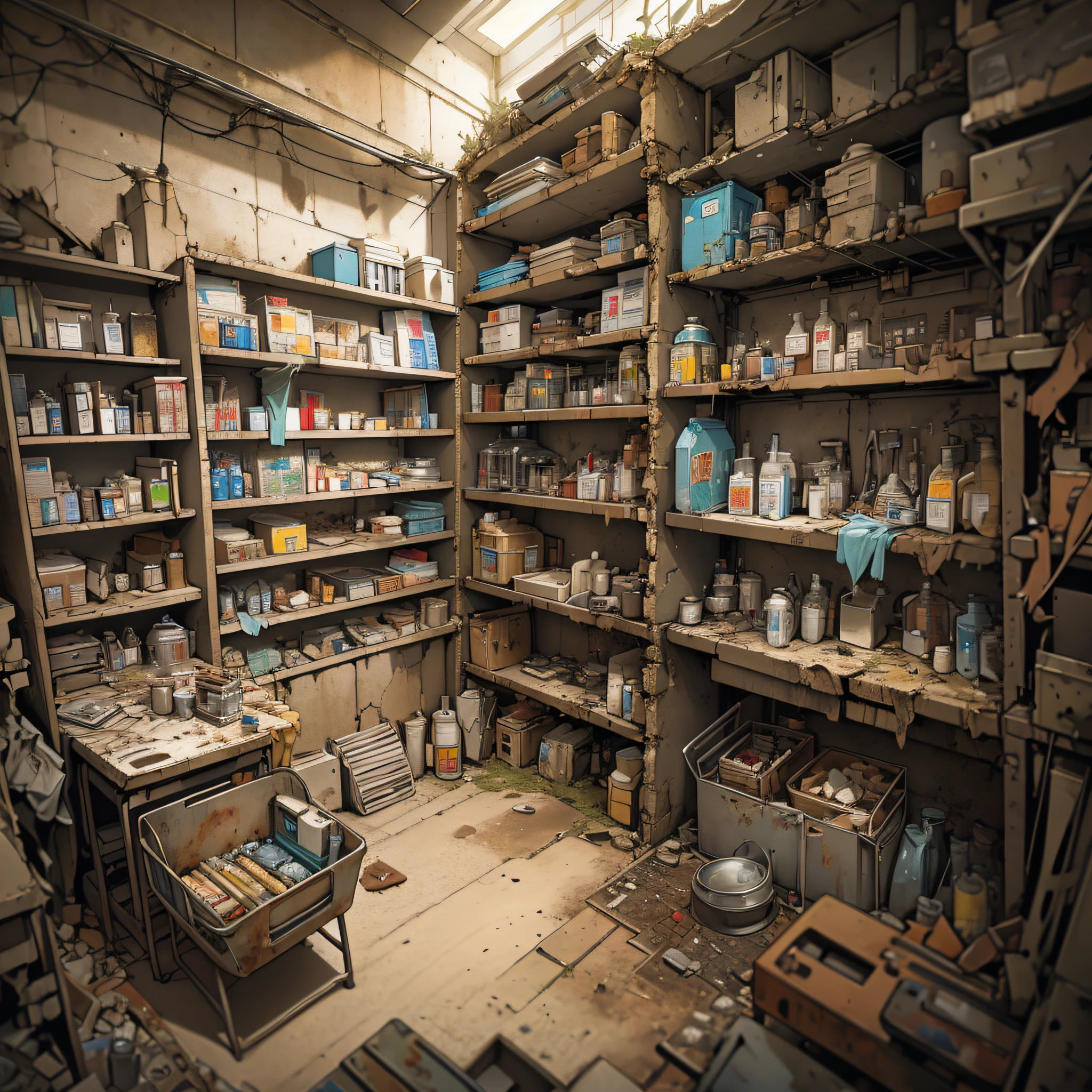 Best Quality, Masterpiece, Ultra High Resolution, Pharmacy Background, Doomsday, Lighting, Light, Dynamic Angle, Depth of Field, Wasteland Punk, Desert, Radiation, Ruins, Doomsday, Biochemical Infection, Dirty and Messy, Shabby, Scrap Iron