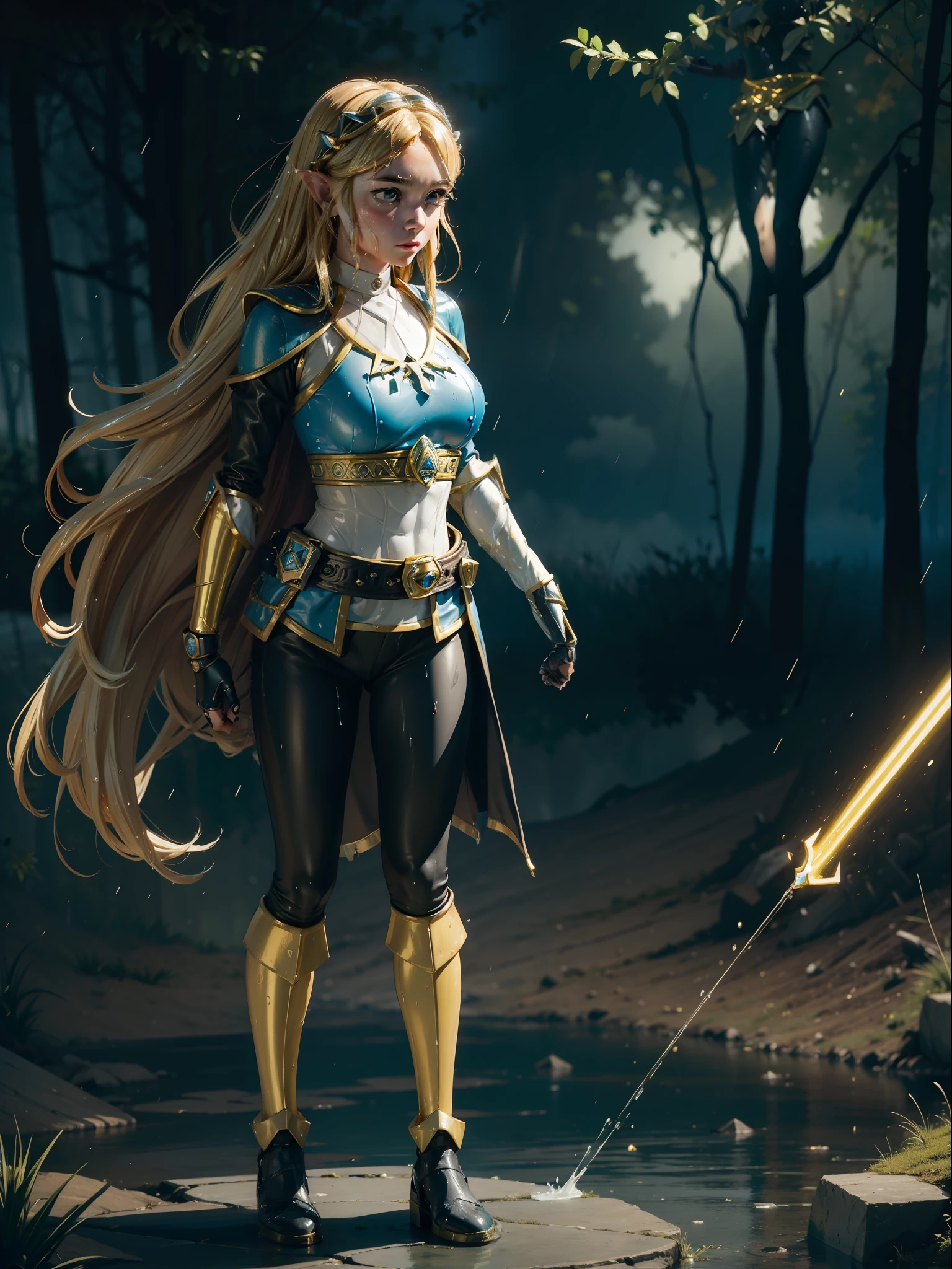 (full body:2) {zelda\(princess\)}, only {zelda\(princess\)} is this ((wearing black Kamen Rider costume with gold parts, with a round shiny jewel on her chest, with a belt, helmet on her head):1.5) ((extremely tight in the body, with a round jewel on the chest):1.5), only {zelda\(princess\)} ((has extremely large breasts):1.5), only {zelda\(princess\)} ((is looking at the viewer/look and face of hate, making heroic poses with her arms above her waist)), only {zelda\(princess\)} is standing, ((In an extremely destroyed futiristic city raining very strong, it's night, it's full of clouds)), only {zelda\(princess\)} ((she has her body/clothes all wet with water and her clothes are soaked):1.3), Kamen Rider, Tokusatsu, anime, anime style, cinematic lighting, 16k, highres, best quality, (high details:1.3), UHD, ((masterpiece))