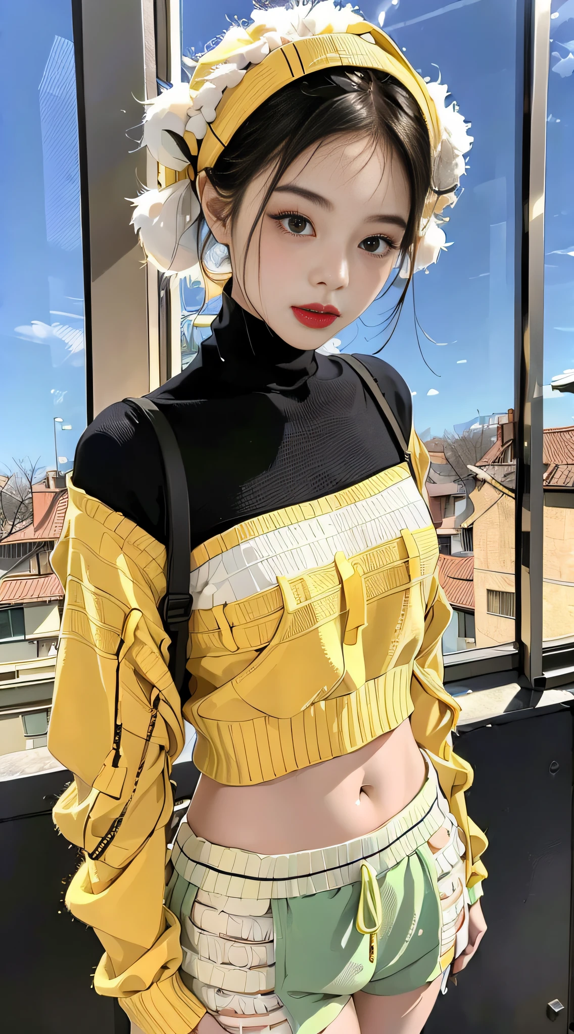 (1girl:1.3), solo,_ Kim Ji-ni Jennie face, wearing yellow armband sweater, cropped style, white bandeau underneath, pale green shorts, sexy, cute, white socks, background campus, full body photo, looking at the audience, world-weary face, cold eyes, Korean style photo photos, photographic lighting, strong contrast, sunlight on the face, world-weary face, high-end sense, 8k resolution image, intricate symmetry details. Smooth action, full picture.