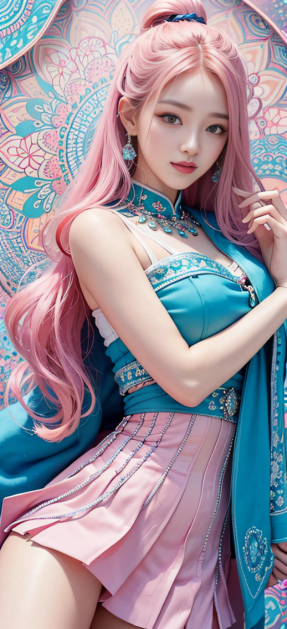 (Masterpiece, Top Quality, Best Quality, Official Art, Beauty and Aesthetics: 1.2), (1girl), Korean, (Smile), Extremely detailed, Colorful, Supreme Detailed, Uniform 8k wallpaper, Ultra detailed, Beautiful, Pale Pink hair color, (zentangle, flower, mandala, tangled, entangled), water art, surround, entangled, real, sci-fi background
