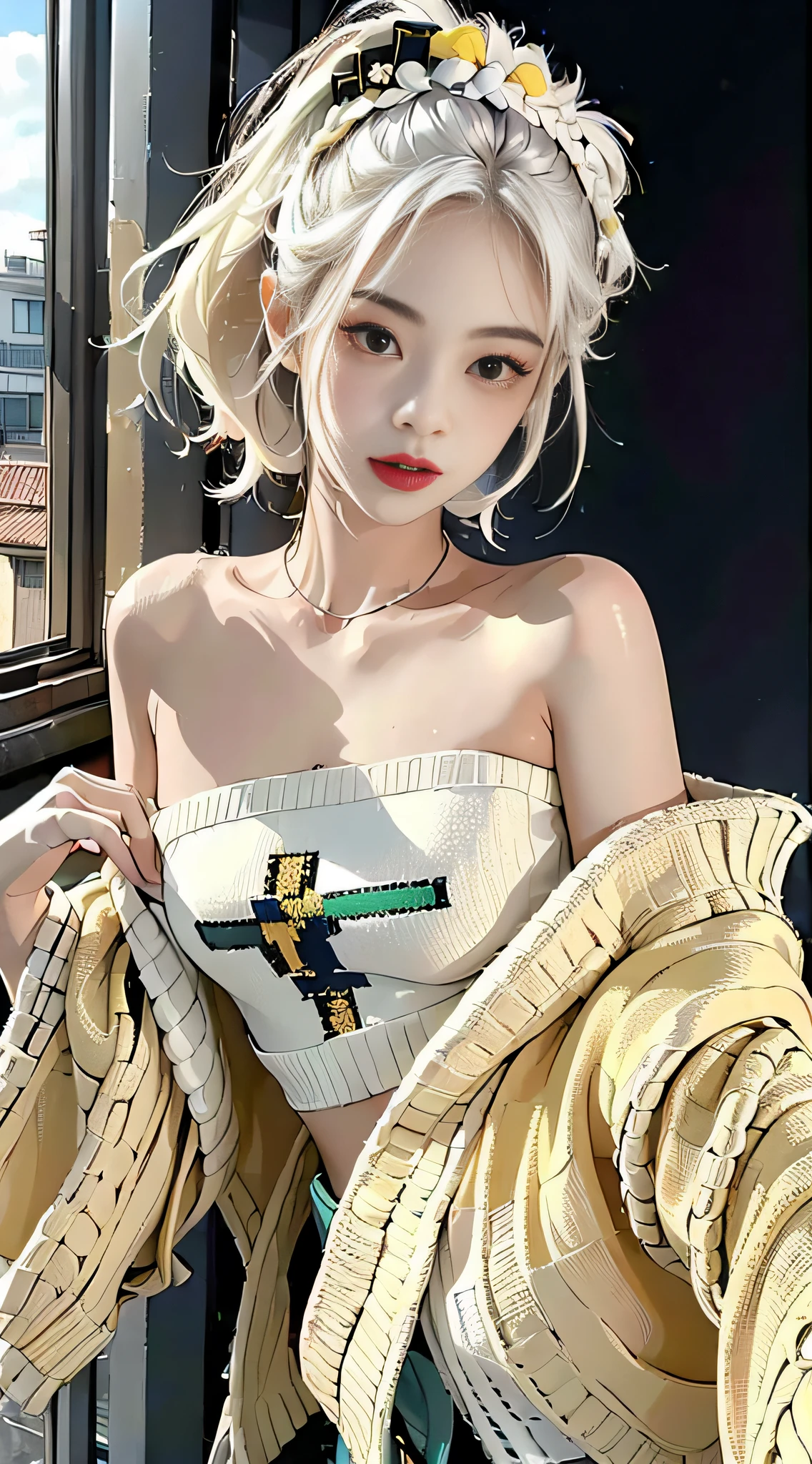 (1girl:1.3), solo,_ Kim Ji-ni Jennie face, wearing yellow armband sweater, cropped style, white bandeau underneath, pale green shorts, sexy, cute, white socks, background campus, full body photo, looking at the audience, world-weary face, cold eyes, Korean style photo photos, photographic lighting, strong contrast, sunlight on the face, world-weary face, high-end sense, 8k resolution image, intricate symmetry details. Smooth action, full picture.