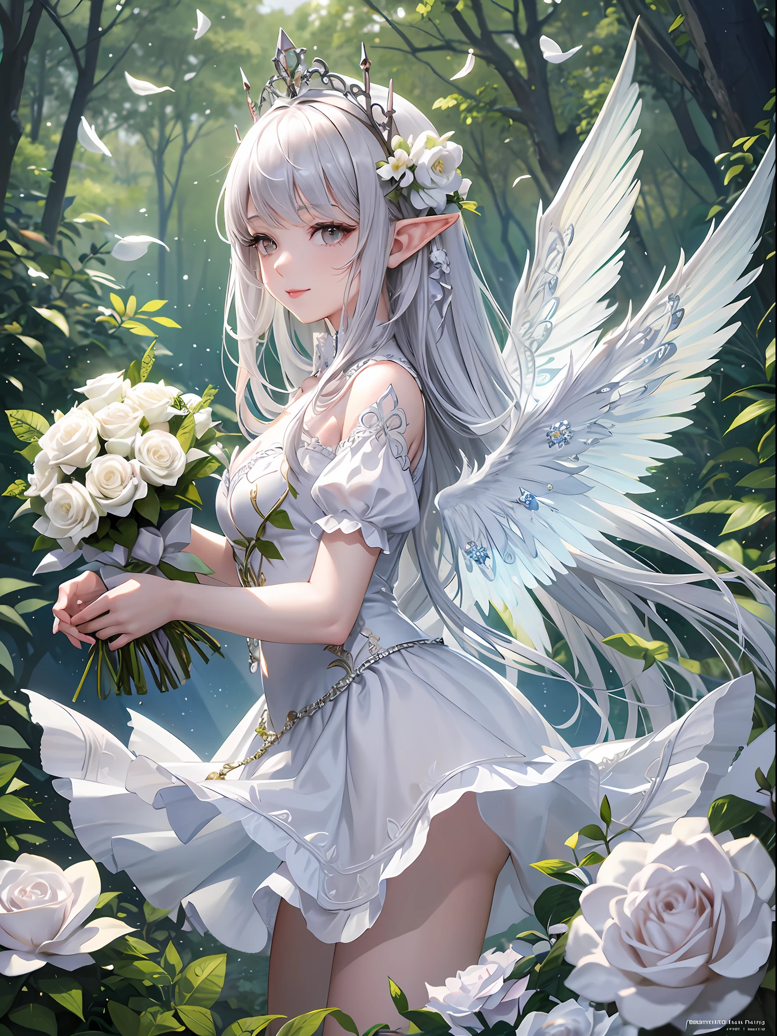 1 , 2 yearddler, solofull body, staring at white rose, walking figure, feng shui emu, elf ears, fairy wings, transparent feathers on the back, silver hair, bangs, shiny lips, eyelashes, lips, eye focus, hair long, silver eyes, cute, super detailed, ruffled mini skirt, white dress, fantasy, bouquet of white roses, fluttering petals, white rose, silver tiara, white rose hair ornament, elven ears, rose garden, fairy forest, blue sky, fairy wings, transparent wings, illustration, complex, detailed, very detailed, face, illuminated by soft light, soft focus, perfect face, cute, innocent face, precise anatomy, overexposed, 8k, 4k, (high resolution: 1.1), highest quality, (master pee: 1.3), heart shaped eyes, smile