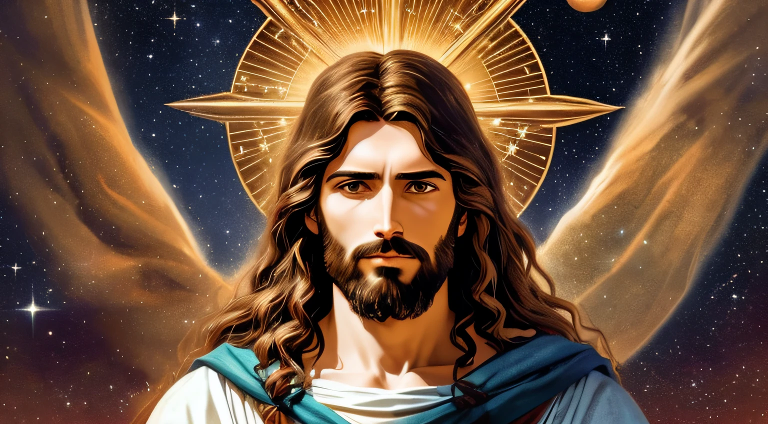 Portrait of Jesus Christ, symbol of the crucifix, Jesus of Nazareth, young Almighty God, The Lord and Savior, King of Kings, dressed as Jesus Christ, light background with stars and planets, peaceful expression, high quality lighting, ultra realistic image, highly skilled rendering, attention to the smallest perfect details, natural shading