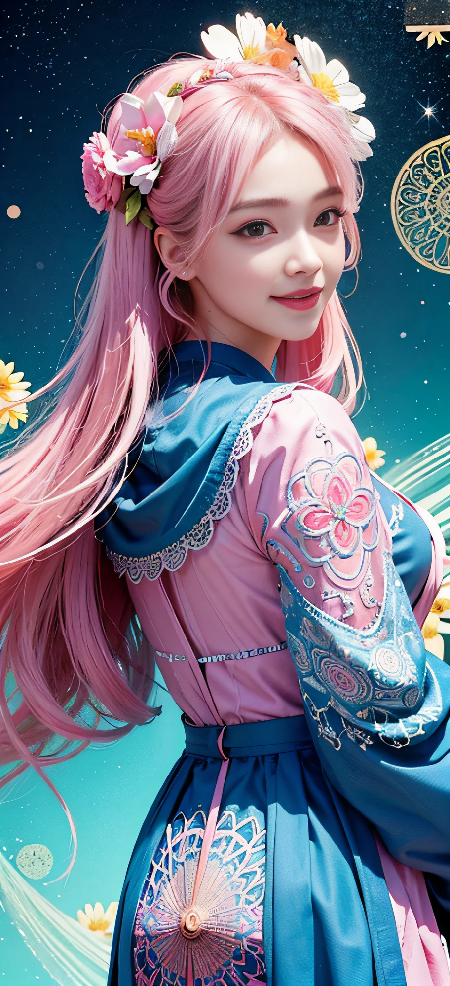 (Masterpiece, Top Quality, Best Quality, Official Art, Beauty and Aesthetics: 1.2), (1girl), Korean, (Smile), Extremely detailed, Colorful, Supreme Detailed, Uniform 8k wallpaper, Ultra detailed, Beautiful, Pale Pink hair color, (zentangle, flower, mandala, tangled, entangled), water art, surround, entangled, real, sci-fi background