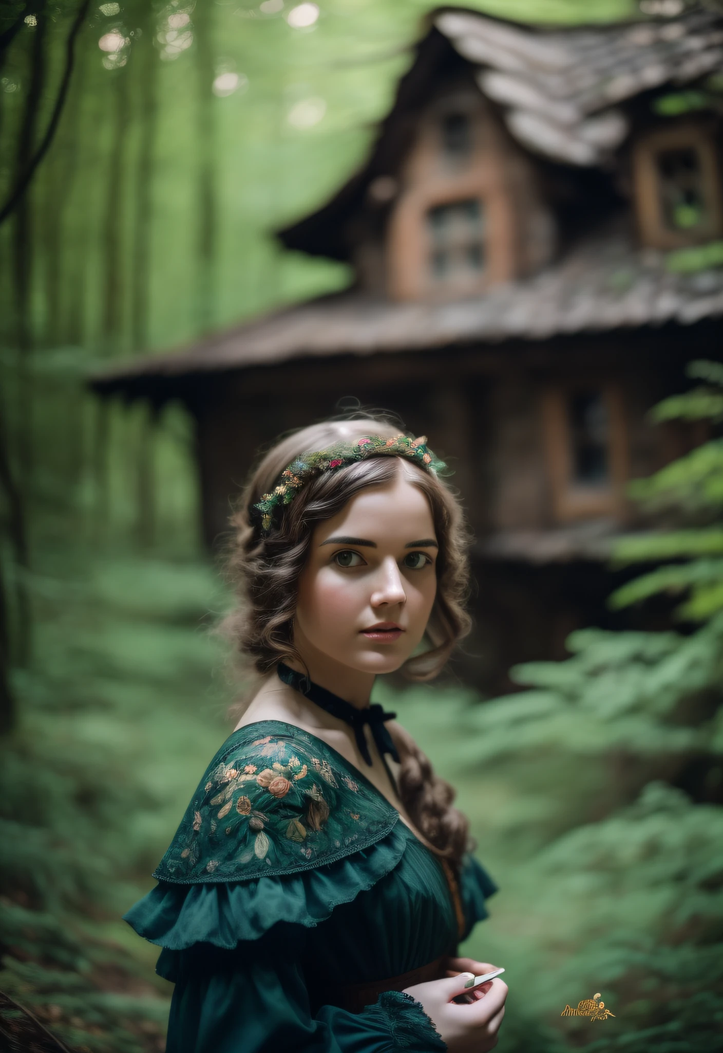 ((Top quality, 8k, masterpiece: 1.3)), clear focus, lush and beautiful forest, witch's house, film photo of woman in her 20s dressed as a beautiful witch, short hair, concept photo, dreamlike, photo with house, film, Kodak, film camera photo, detailed and intricate, intricate, antiques scattered around the house.