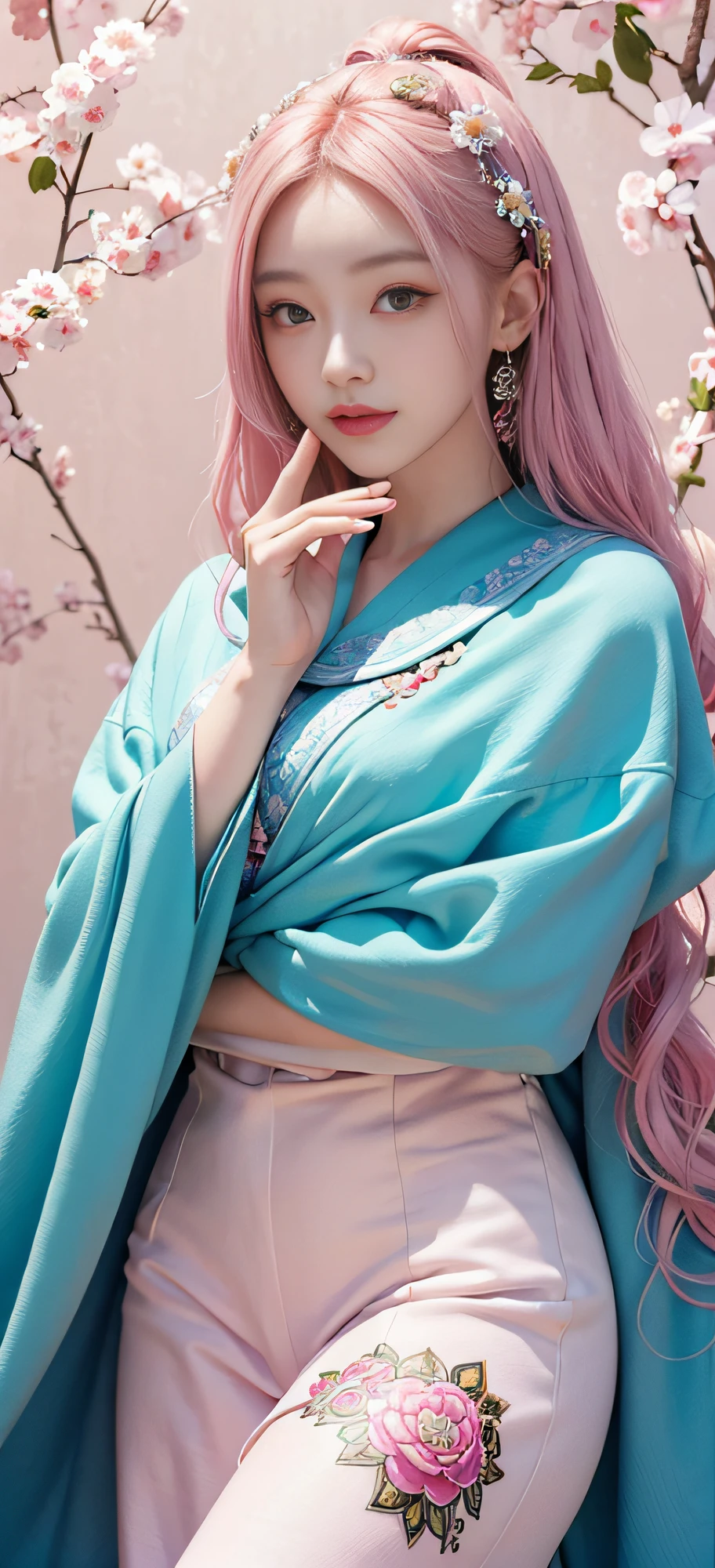 (Masterpiece, Top Quality, Best Quality, Official Art, Beauty and Aesthetics: 1.2), (1girl), Korean, (Smile), Extremely detailed, Colorful, Supreme Detailed, Uniform 8k wallpaper, Ultra detailed, Beautiful, Pale Pink hair color, (zentangle, flower, mandala, tangled, entangled), water art, surround, entangled, real, sci-fi background