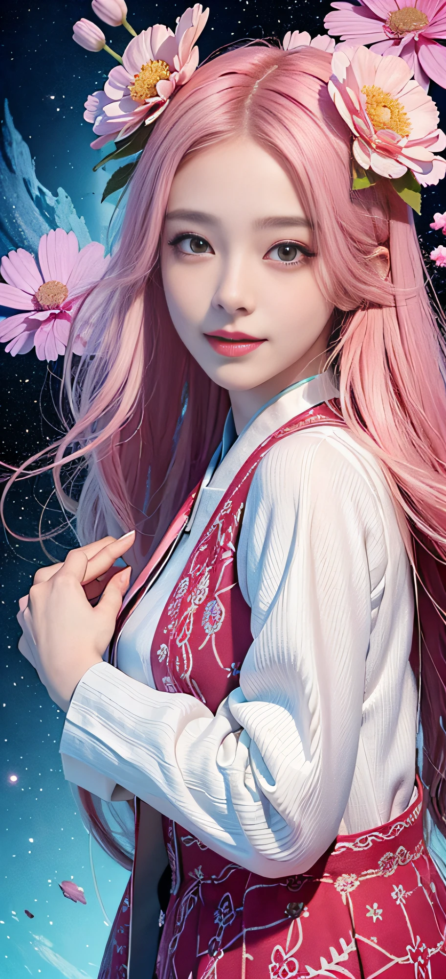 (Masterpiece, Top Quality, Best Quality, Official Art, Beauty and Aesthetics: 1.2), (1girl), Korean, (Smile), Extremely detailed, Colorful, Supreme Detailed, Uniform 8k wallpaper, Ultra detailed, Beautiful, Pale Pink hair color, (zentangle, flower, mandala, tangled, entangled), water art, surround, entangled, real, sci-fi background