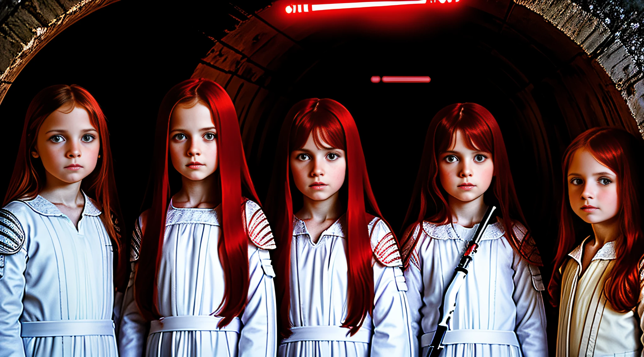 4 GIRLS Russian children with 20 years WITH LONG STRAIGHT RED HAIR, PORTRAIT STYLE, , CLOSEUP standing in a tunnel with a red lightsaber, 4K lightsaber wallpaper, digital art