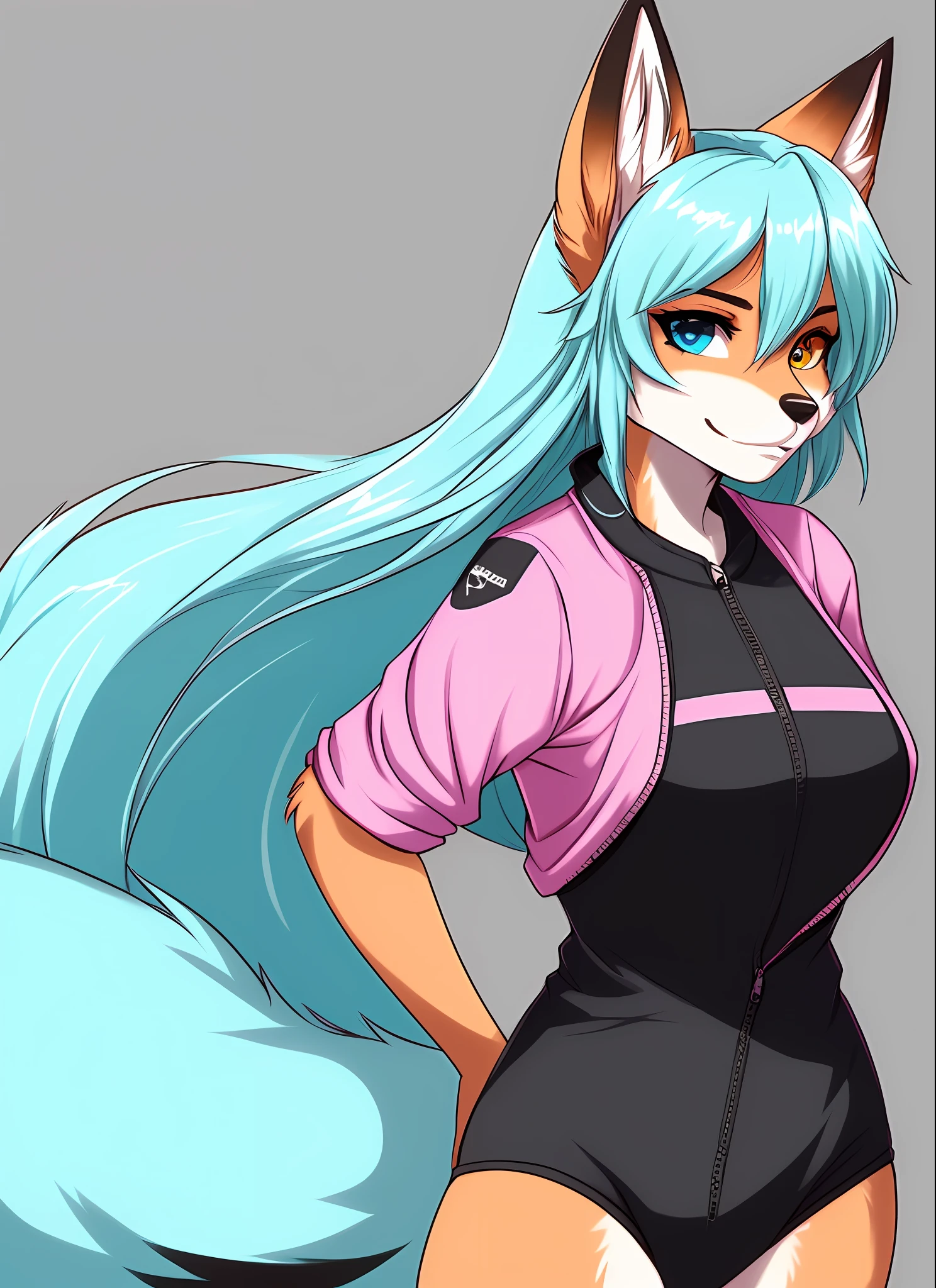 Hairy female, fox, anthropomorphic, Caauda, fox ear, white and cyan hair, pink shirt, black jumpsuit, Alone, brown and blue heterochromia,