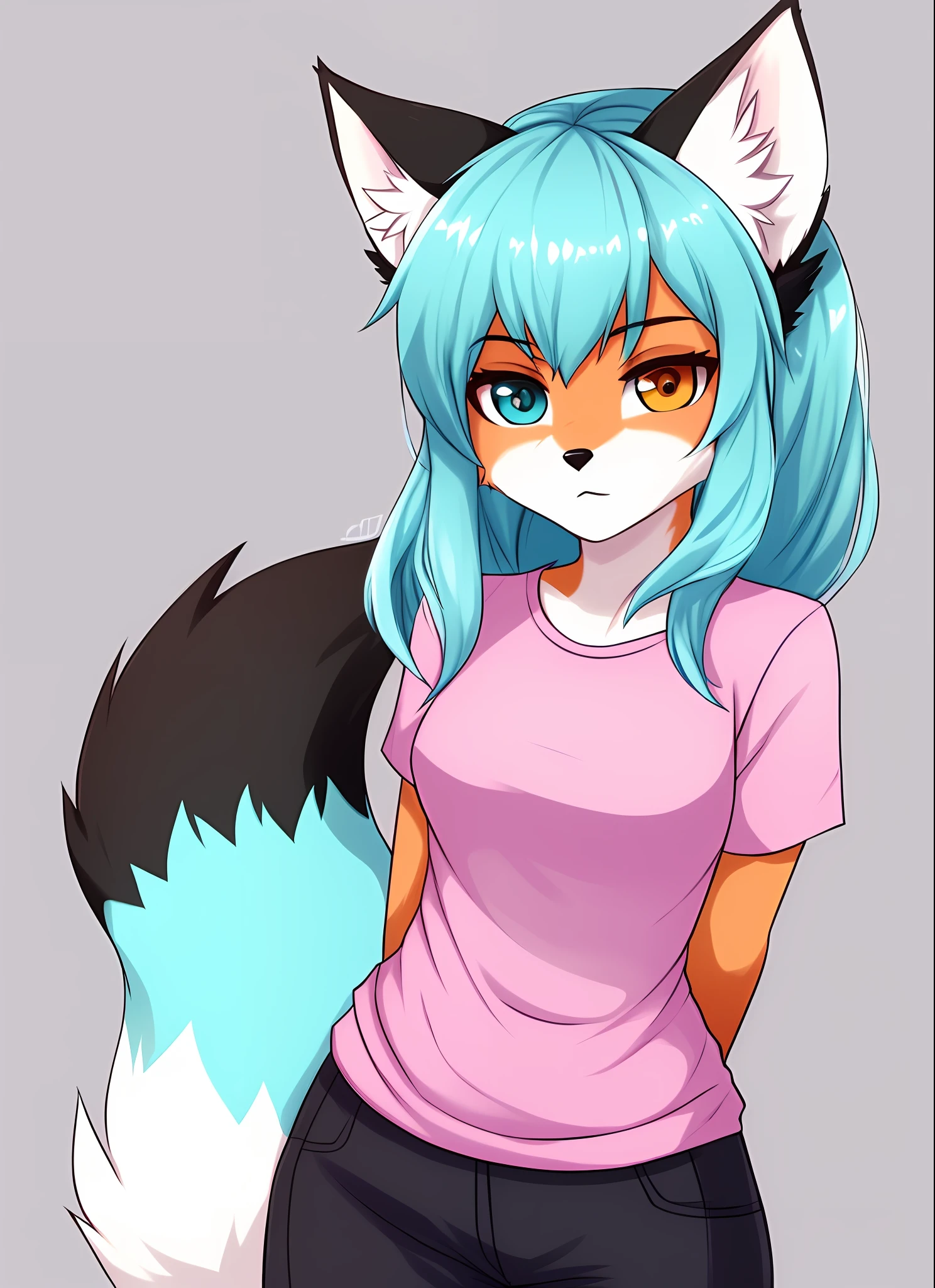 Hairy female, fox, anthropomorphic, Caauda, fox ear, white and cyan hair, pink shirt, black jumpsuit, Alone, brown and blue heterochromia,