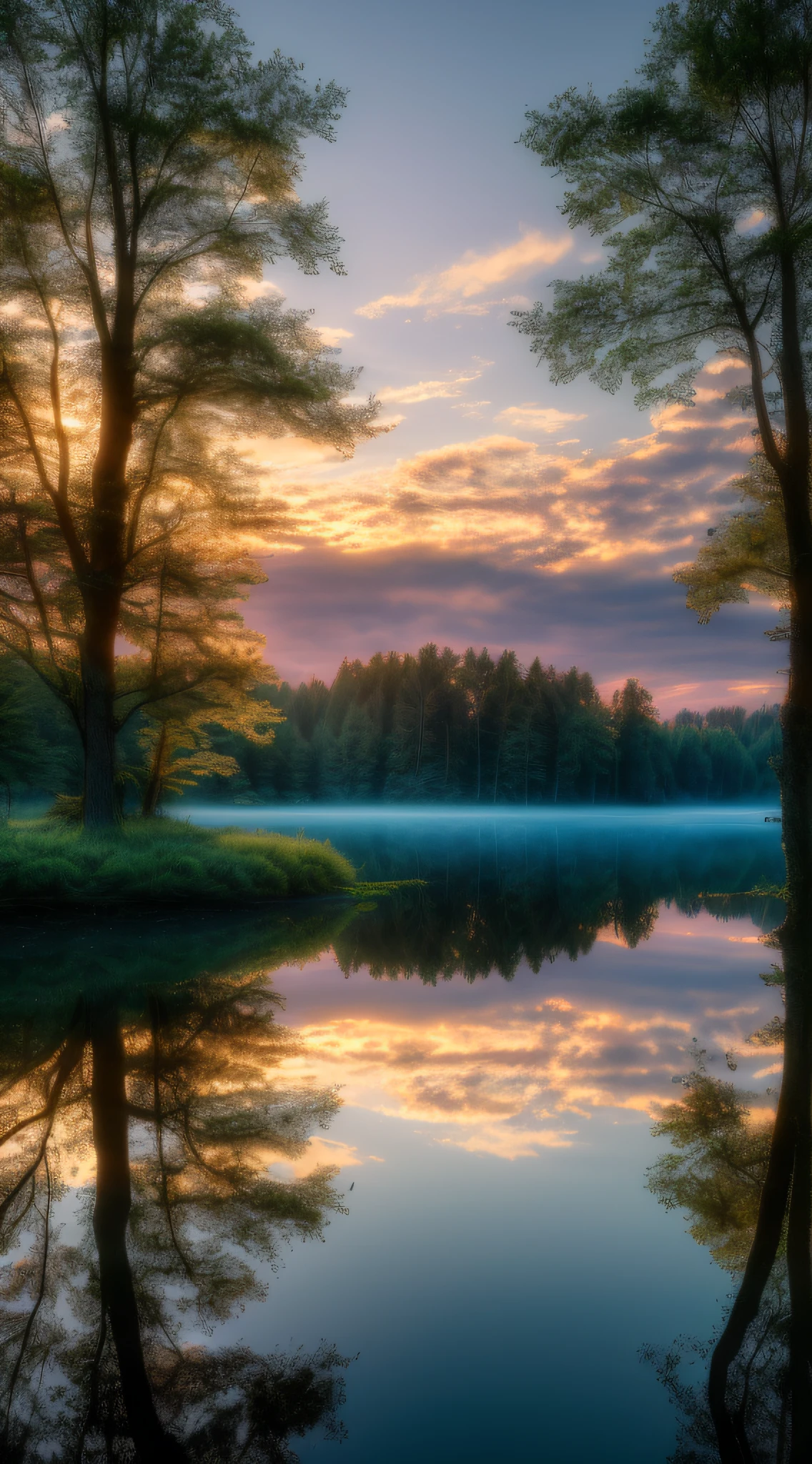 Wallpaper, summer, lake, dawn, forest, clouds, dawn background, depth of field, HD detail, hyperdetail, cinematic, soft light, deep field focus bokeh, ray tracing, diffuse (ultra-fine glass reflection) and realism. --v6