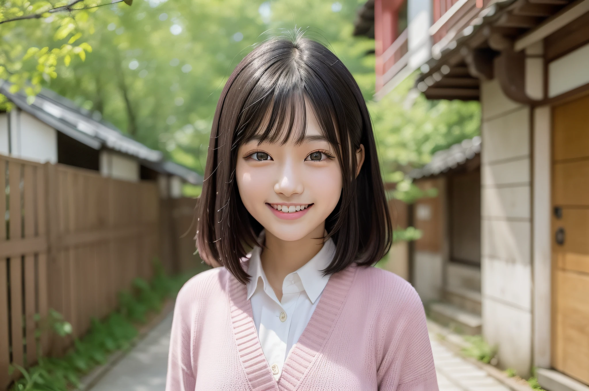 18years Japanese girl, shoulder-length straight black hair, showing teeth and smiling, neat, intelligent, pink cardigan