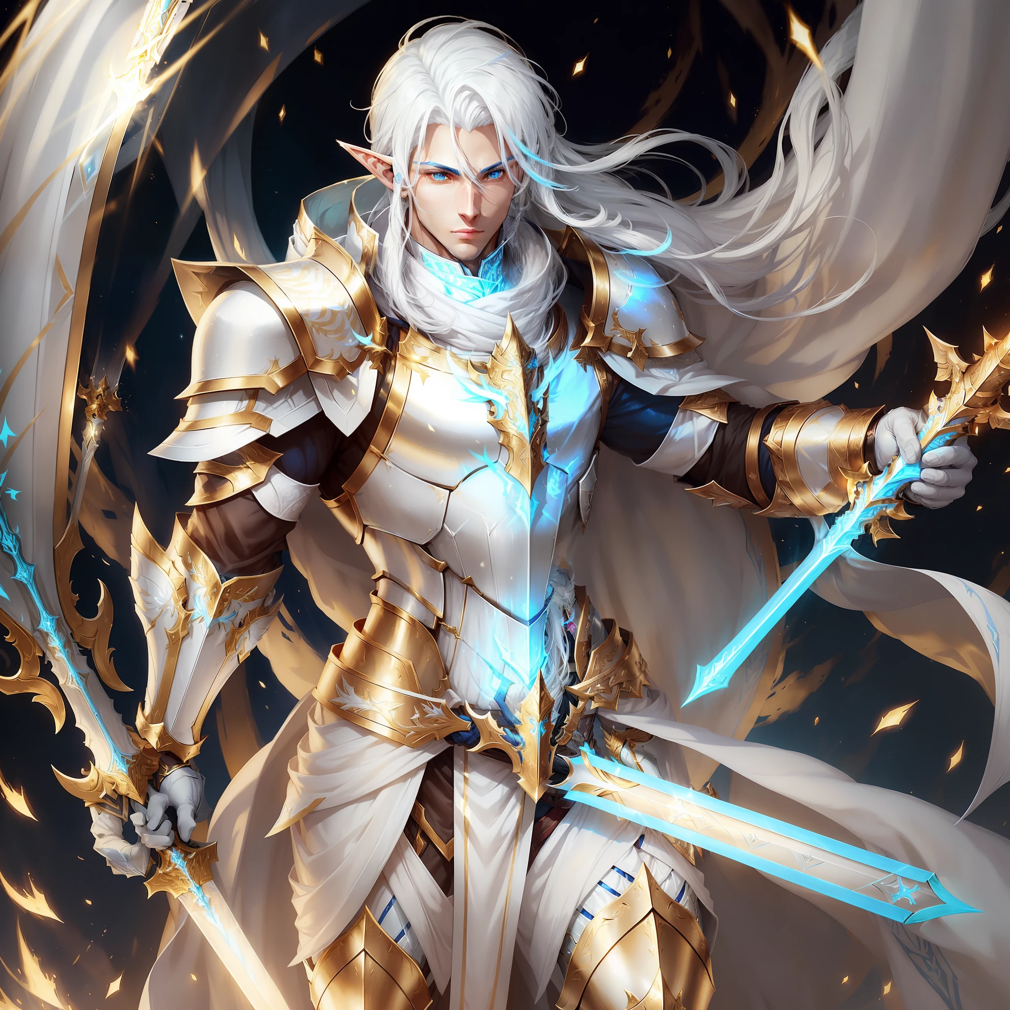 Full body image of a young, strong and handsome elf with blue pupils, white hair, a confident expression, a look from superior to the front, wearing a beautiful white armor with golden patterns all over the armor, exuding light golden glow, great sword in sound hands with a light golden glow, a paladin of justice,