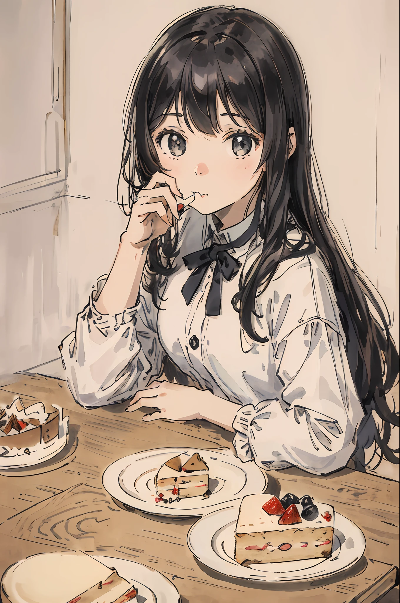 a little girl sitting across from a plate of goodies and cake at the table in, 1girl, realistic, solo, black hair, food, long hair