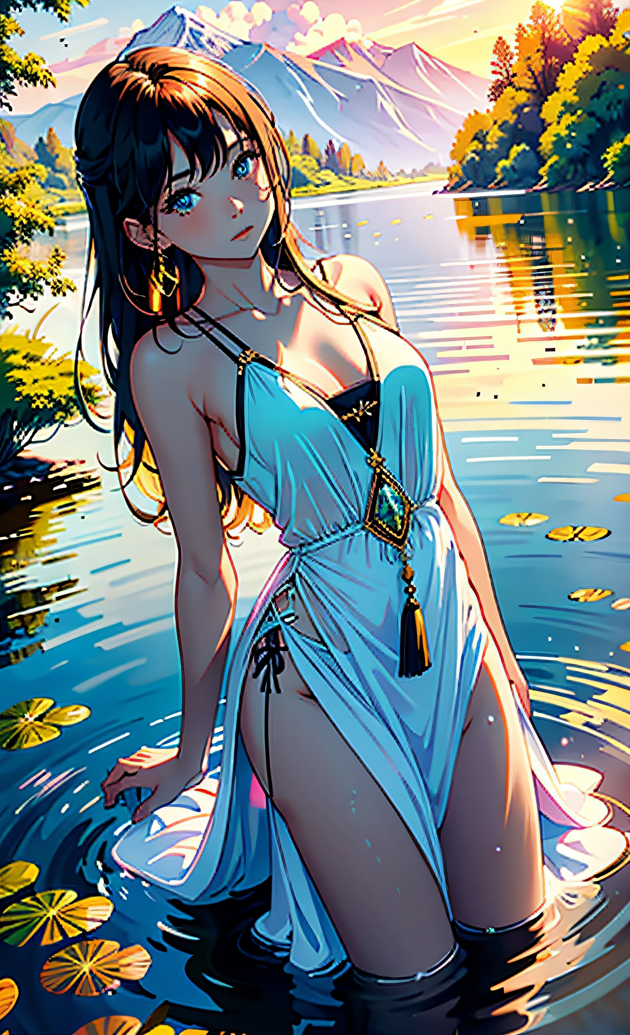 1 girl, serene expression, mesmerizing eyes, straight long hair, flowing dress, poised posture, porcelain skin, subtle blush, crystal pendant
BREAK
golden hour, (rim lighting):1.2, warm tones, sun flare, soft shadows, vibrant colors, painterly effect, dreamy atmosphere
BREAK
scenic lake, distant mountains, willow tree, calm water, reflection, sunlit clouds, peaceful ambiance, idyllic sunset, ultra detailed, official art, unity 8k wallpaper
, zentangle, mandala