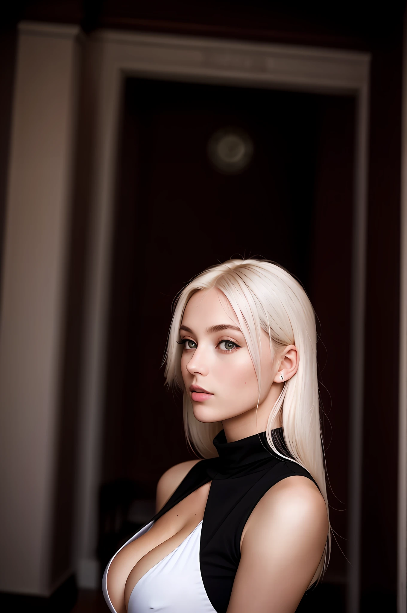 Picture of a French woman. Fit face. 22 years old, Sharp chin, photography, raw photo, masterpiece, extremely detailed photo, DSLR, photorealistic 1.4, ultra hi res, best quality, full body picture, tall, toned, busty, platinum blonde hair, shoulder length hair