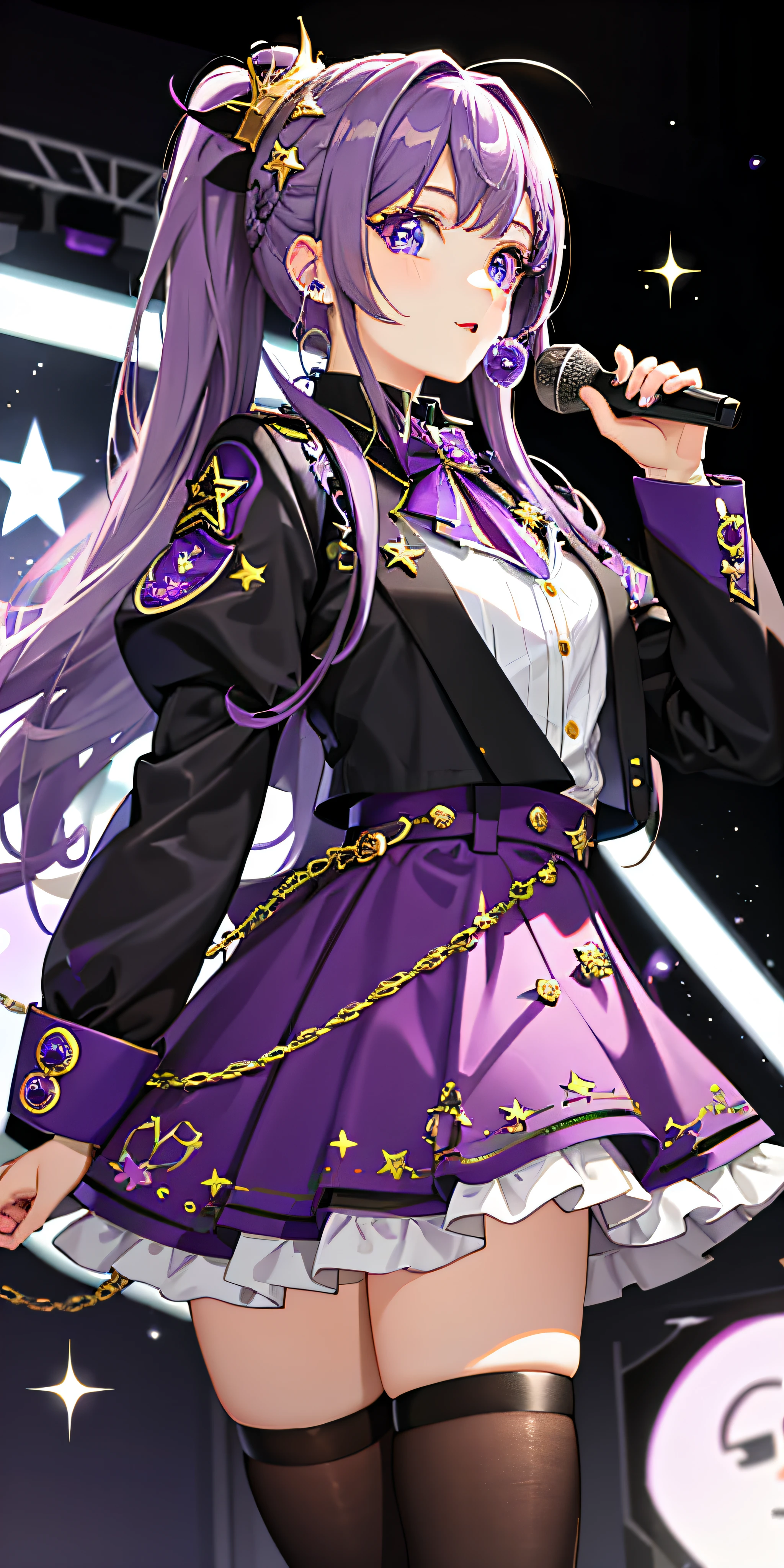 girl, idol, eye highlight, purple eyes, star eyes, sparkly eyes, purple hair, rabbit ornament, live stage