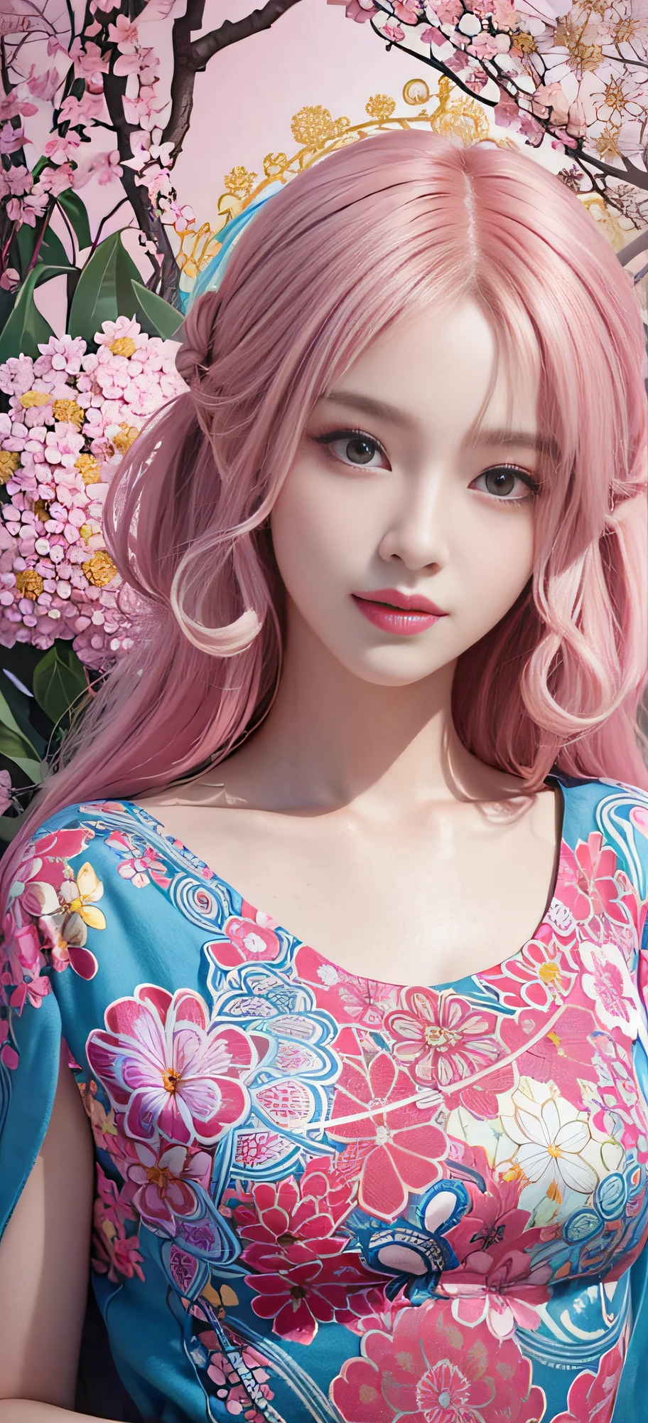 (Masterpiece, Top Quality, Best Quality, Official Art, Beauty and Aesthetics: 1.2), (1girl), Korean, (Smile), Extremely detailed, Colorful, Supreme Detailed, Uniform 8k wallpaper, Ultra detailed, Beautiful, Pale Pink hair color, (zentangle, flower, mandala, tangled, entangled), water art, surround, entangled, real, sci-fi background