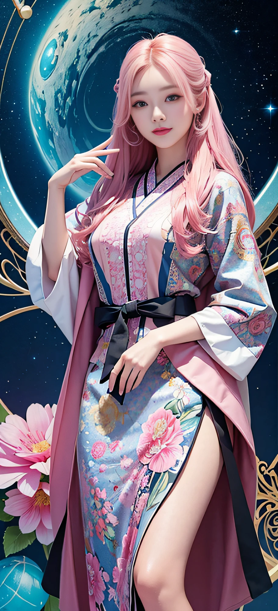 (Masterpiece, Top Quality, Best Quality, Official Art, Beauty and Aesthetics: 1.2), (1girl), Korean, (Smile), Extremely detailed, Colorful, Supreme Detailed, Uniform 8k wallpaper, Ultra detailed, Beautiful, Pale Pink hair color, (zentangle, flower, mandala, tangled, entangled), water art, surround, entangled, real, sci-fi background