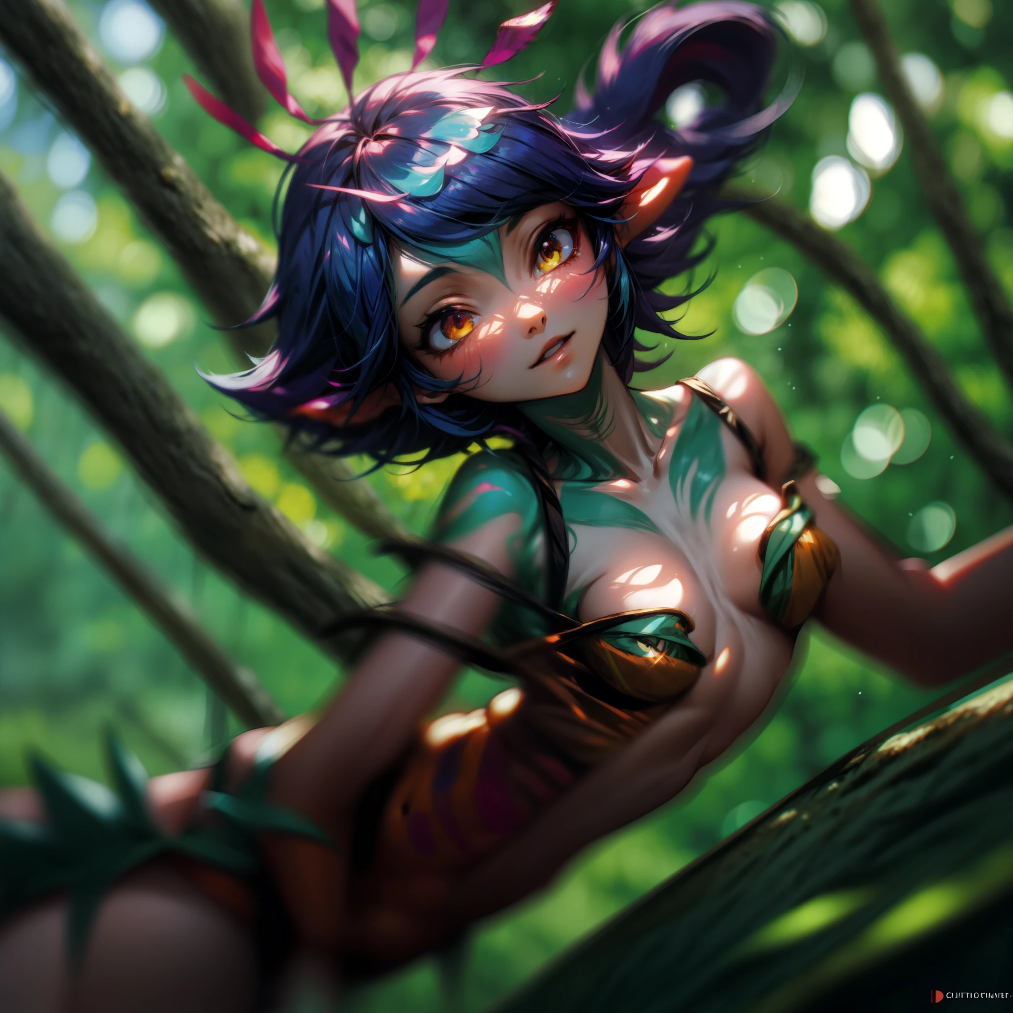 neeko, in the forest, sunshine, small breasts, action pose