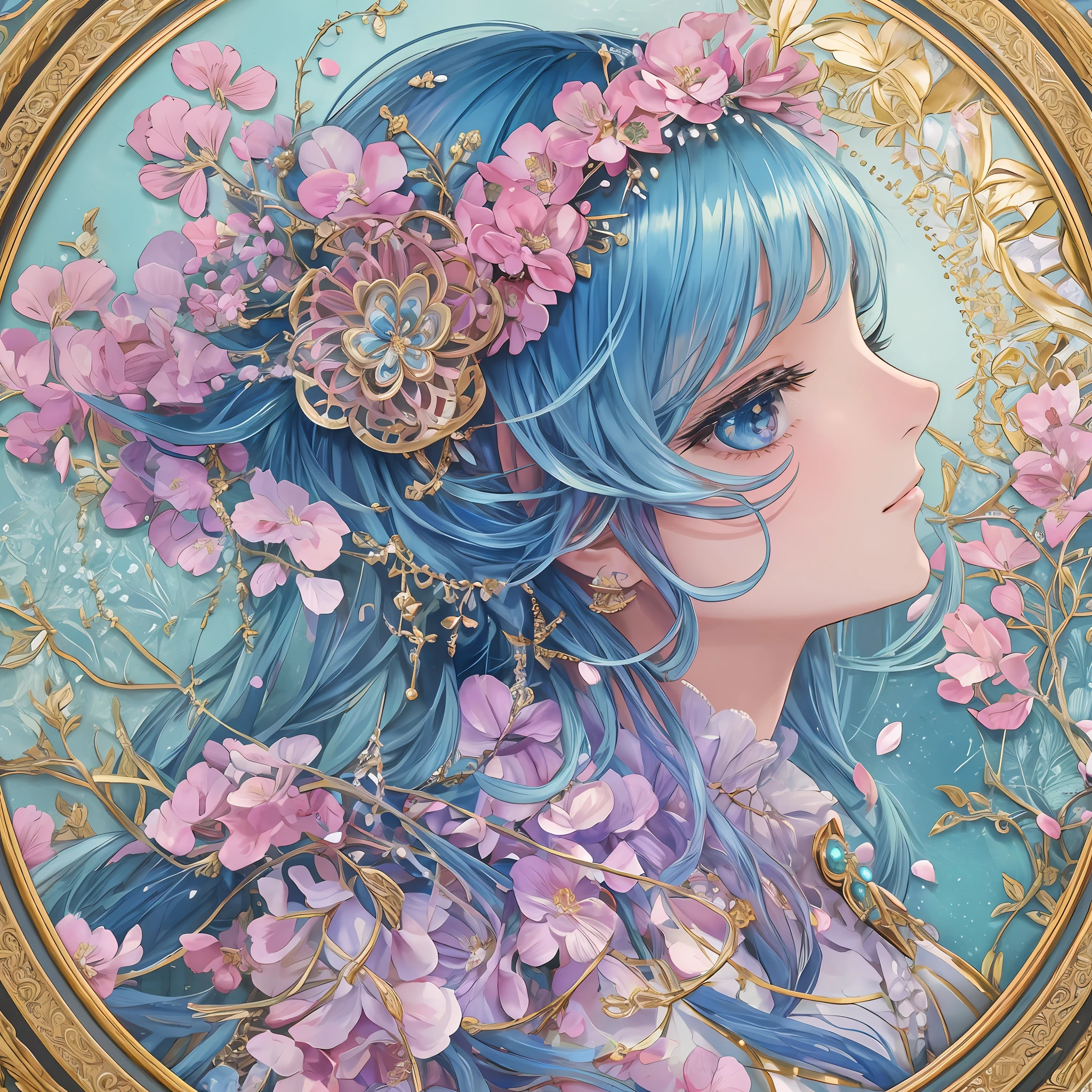 1 girl, masterpiece, top quality, beautiful and aesthetic: 1.2, fractal art: 1.3, jewels, detailed clothes, detailed round picture frame, delicate flower crown, profile, blue, petals fluttering, wistful expression