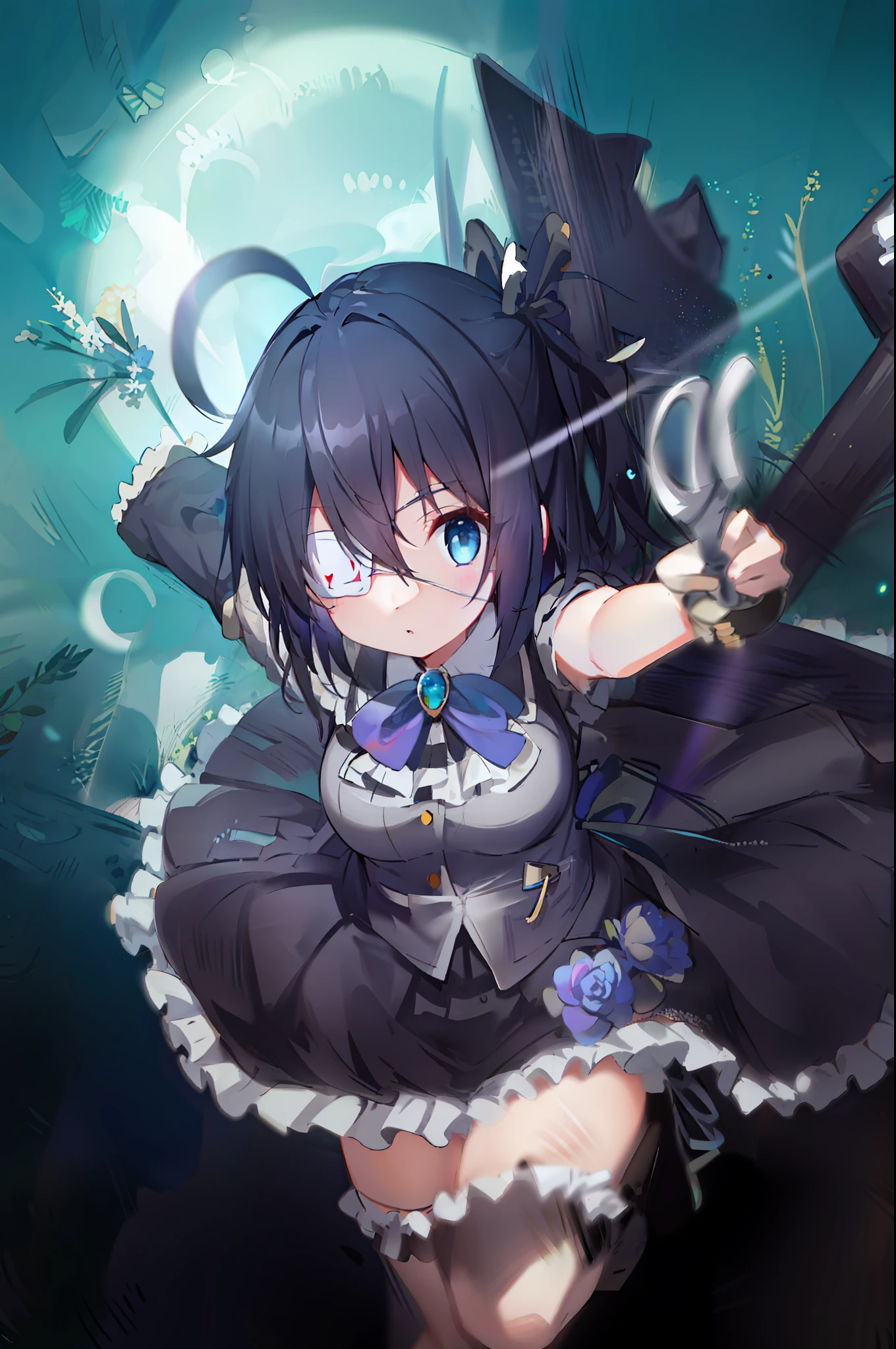 high res, masterpiece,Rikka Takanashi, black hair, solo, 1girl,outside,deatailed background, detailed eyes, ((blue eyes)), eyepatch